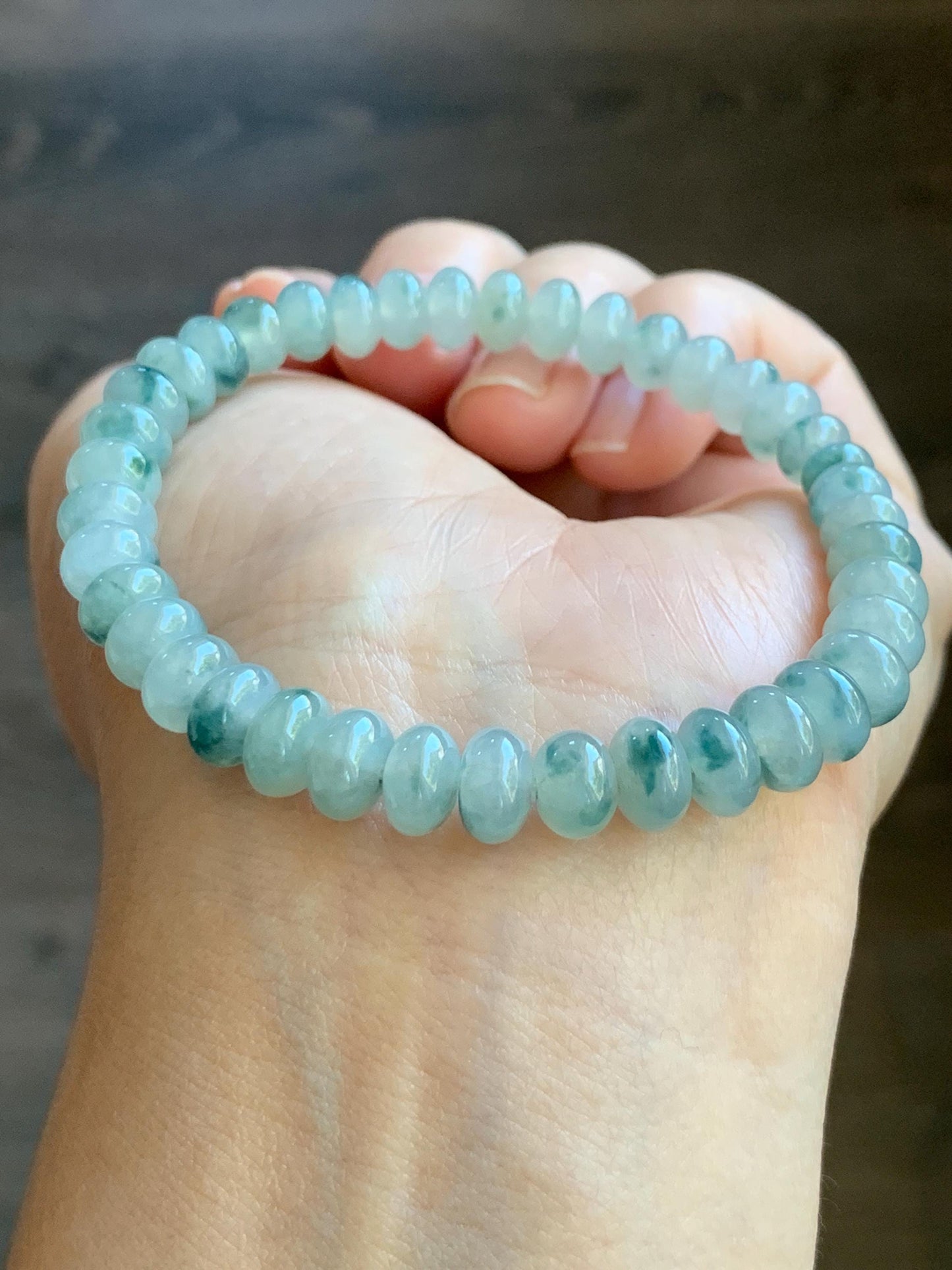 Natural Burmese Icy Highly Translucent Light Green Teal Blue Marbled Jadeite Drum Beads Beaded Bracelet 7” 19g 天然缅甸冰胶晴色飘花翡翠鼓珠手串 GPH717