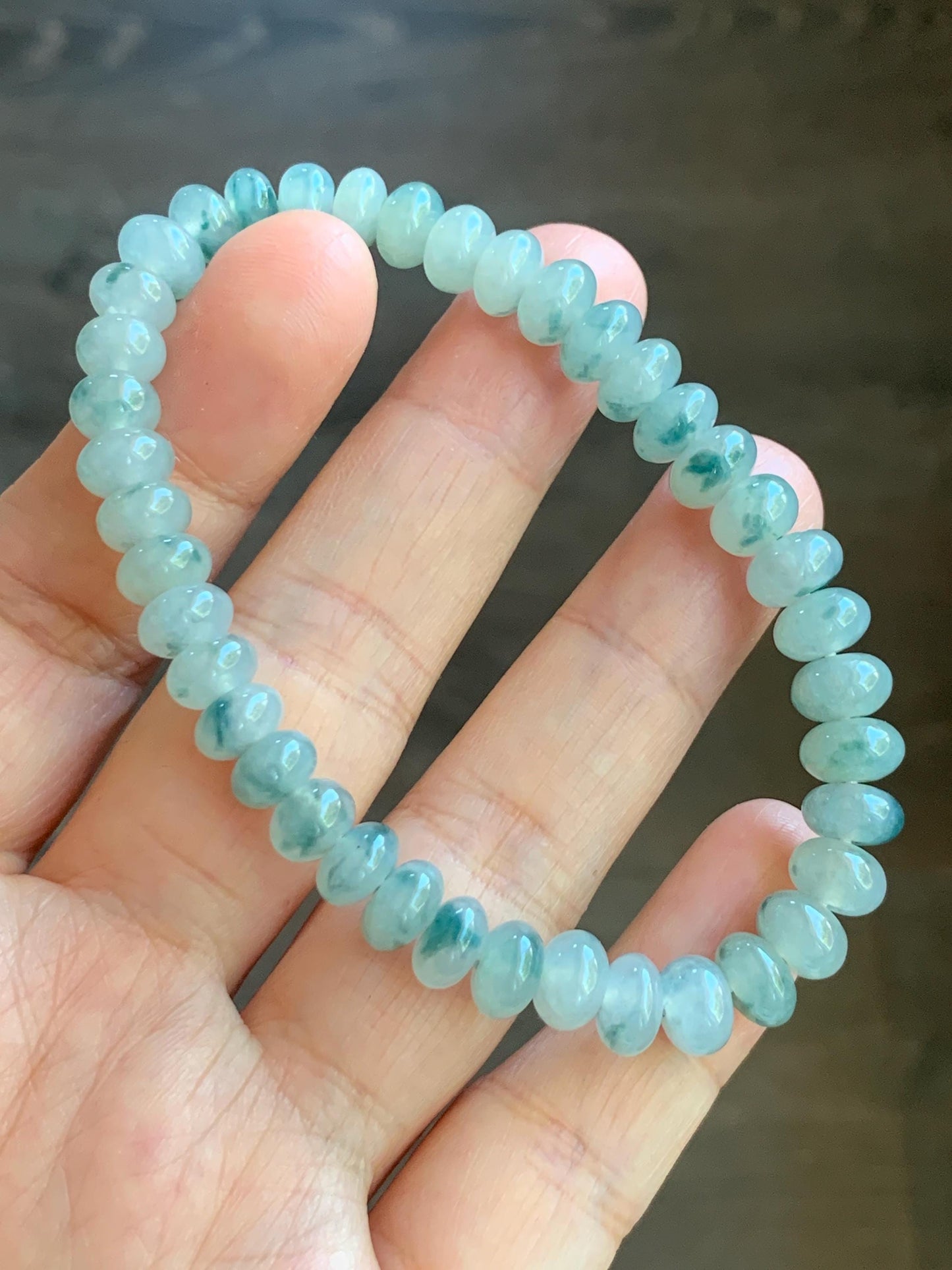 Natural Burmese Icy Highly Translucent Light Green Teal Blue Marbled Jadeite Drum Beads Beaded Bracelet 7” 19g 天然缅甸冰胶晴色飘花翡翠鼓珠手串 GPH717