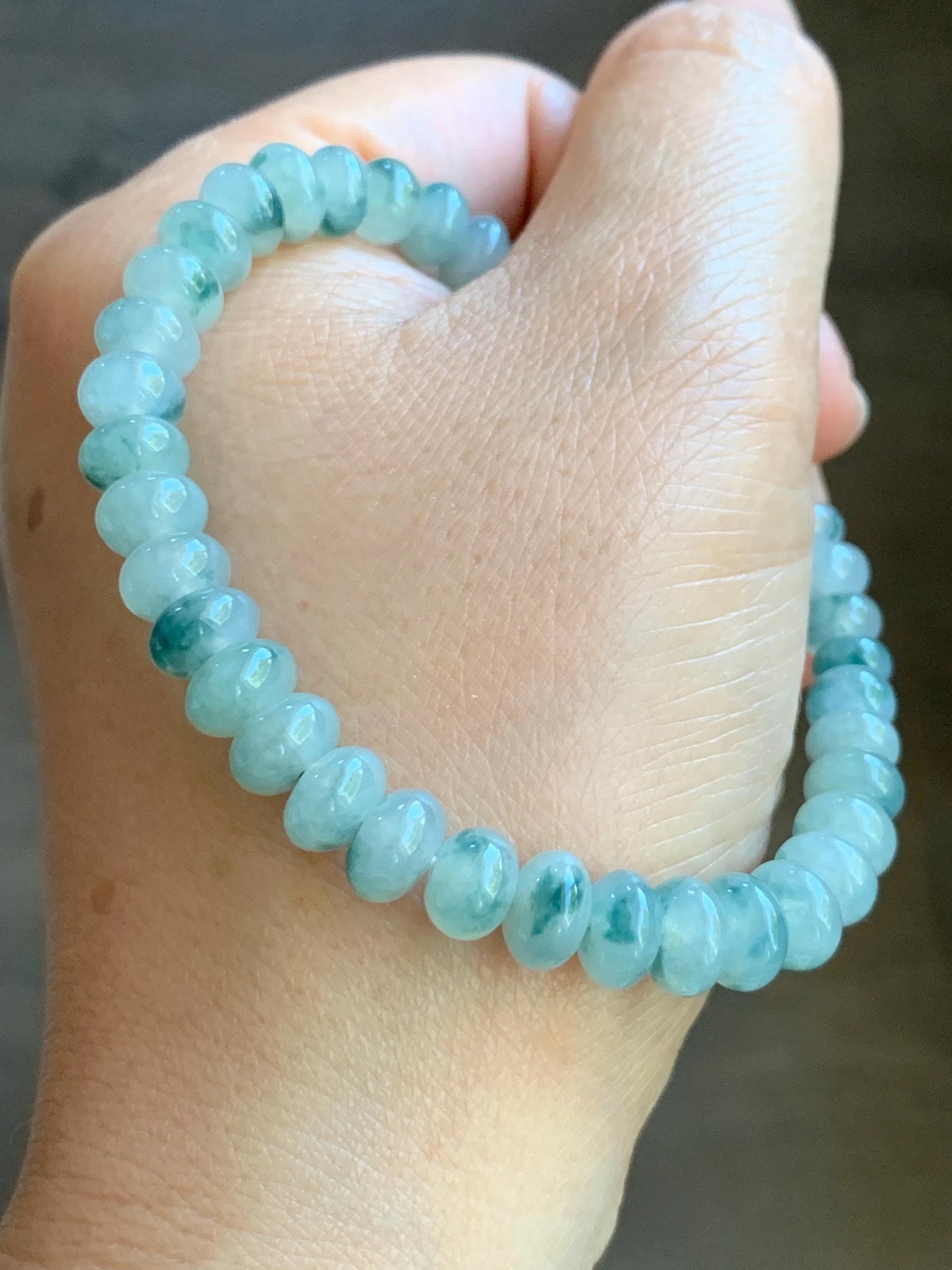 Natural Burmese Icy Highly Translucent Light Green Teal Blue Marbled Jadeite Drum Beads Beaded Bracelet 7” 19g 天然缅甸冰胶晴色飘花翡翠鼓珠手串 GPH717
