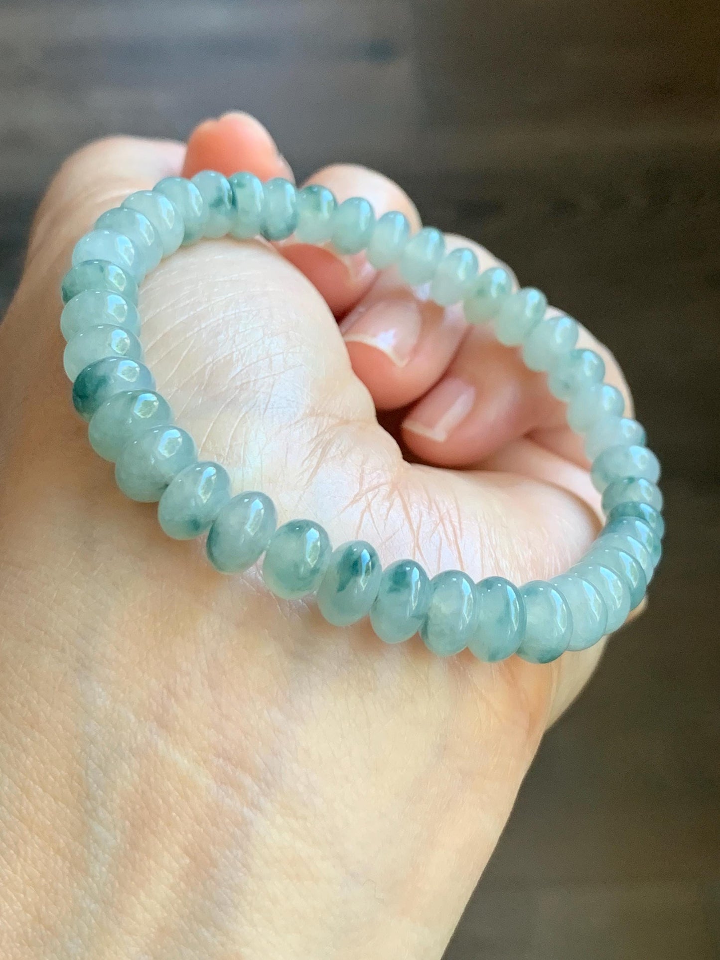 Natural Burmese Icy Highly Translucent Light Green Teal Blue Marbled Jadeite Drum Beads Beaded Bracelet 7” 19g 天然缅甸冰胶晴色飘花翡翠鼓珠手串 GPH717