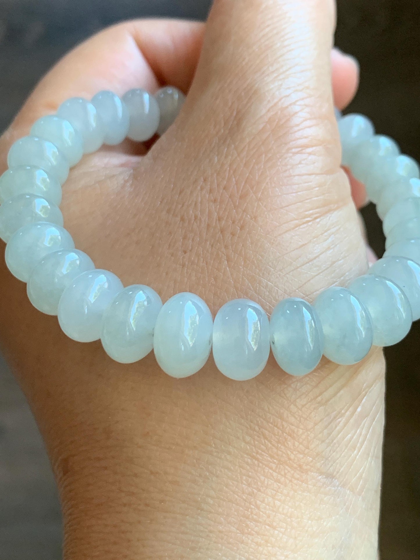 Large Natural Burmese Icy Highly Translucent Light Beige Jadeite Drum Beads Beaded Bracelet Stretchy 6.75” 30g 天然缅甸淡冰糖底翡翠大鼓珠手串 BBT717