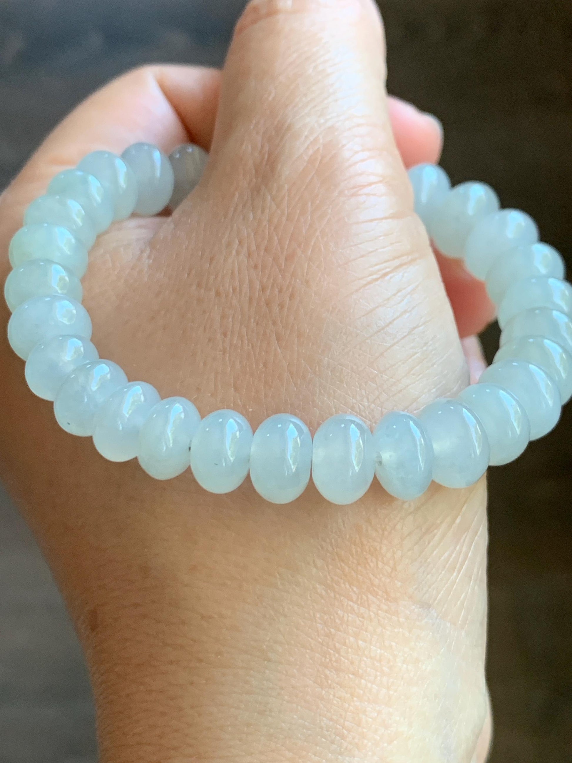Large Natural Burmese Icy Highly Translucent Light Beige Jadeite Drum Beads Beaded Bracelet Stretchy 6.75” 30g 天然缅甸淡冰糖底翡翠大鼓珠手串 BBT717