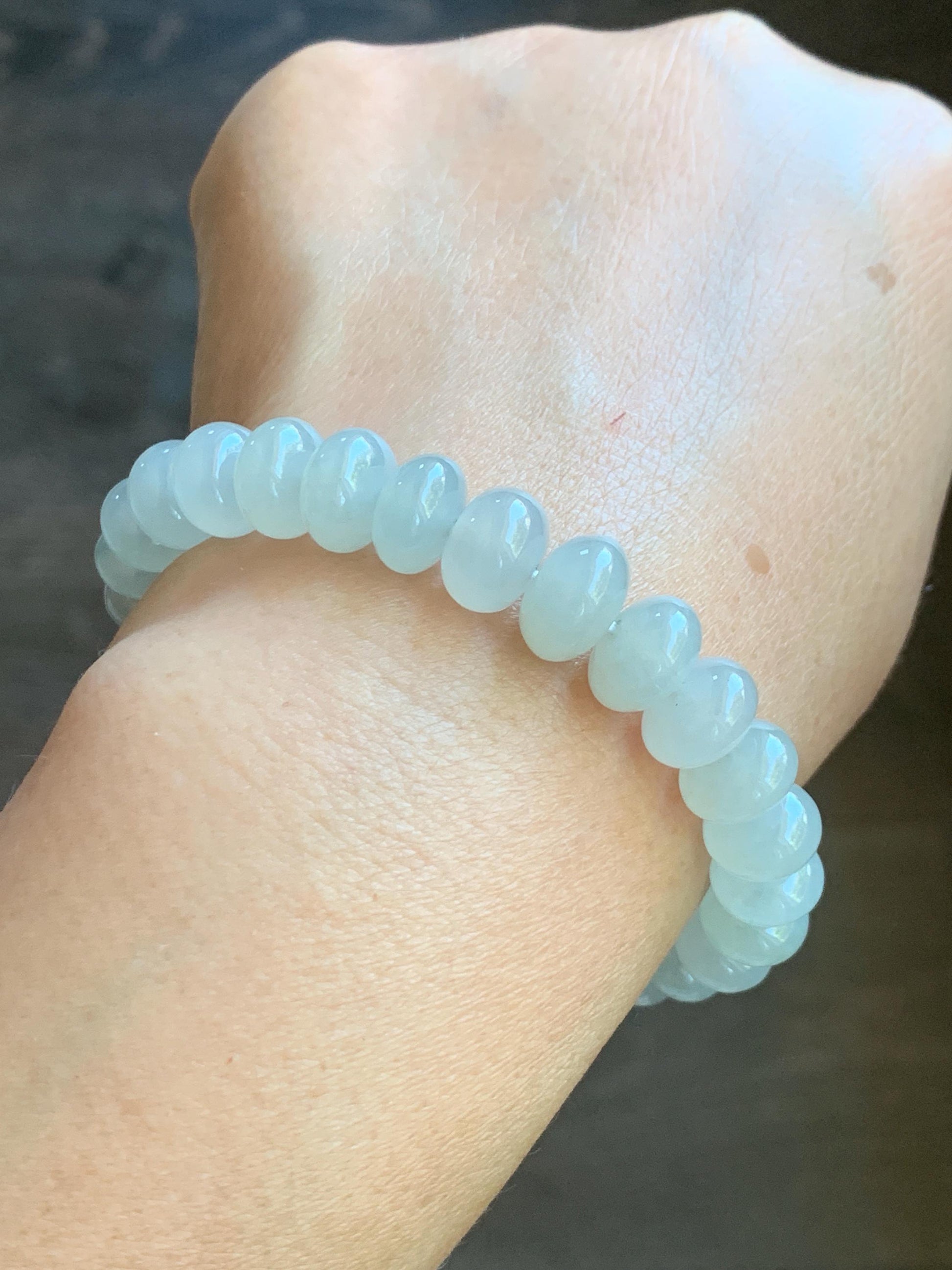 Large Natural Burmese Icy Highly Translucent Light Beige Jadeite Drum Beads Beaded Bracelet Stretchy 6.75” 30g 天然缅甸淡冰糖底翡翠大鼓珠手串 BBT717