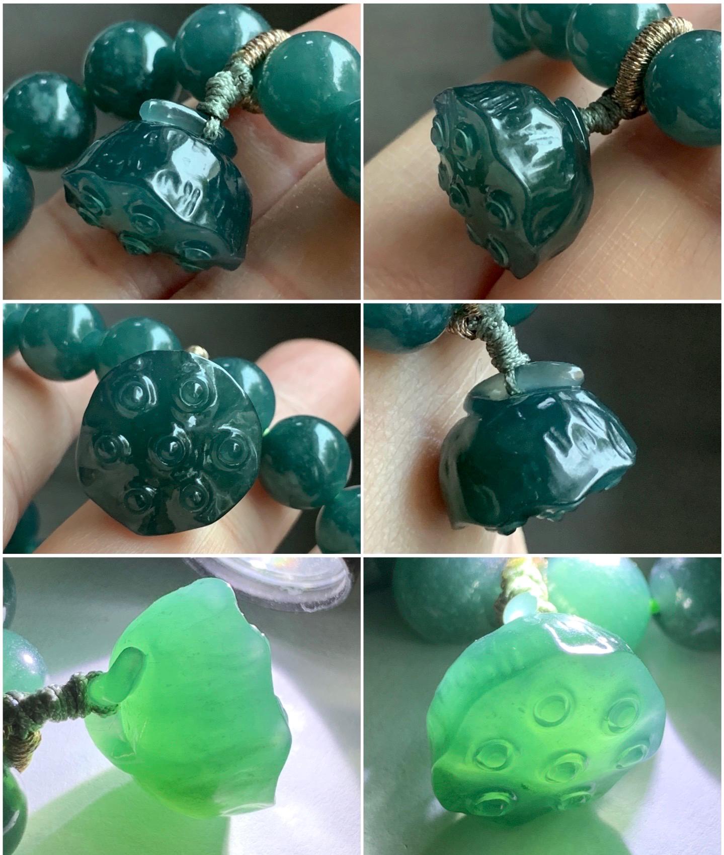 Natural Guatemalan Icy Translucent Dark Teal Green Jadeite Beaded Bracelet Pudgy Lotus Pod Charm 10mm 7.5” 39g 天然冰危蓝绿翡翠莲蓬手串 LPW43