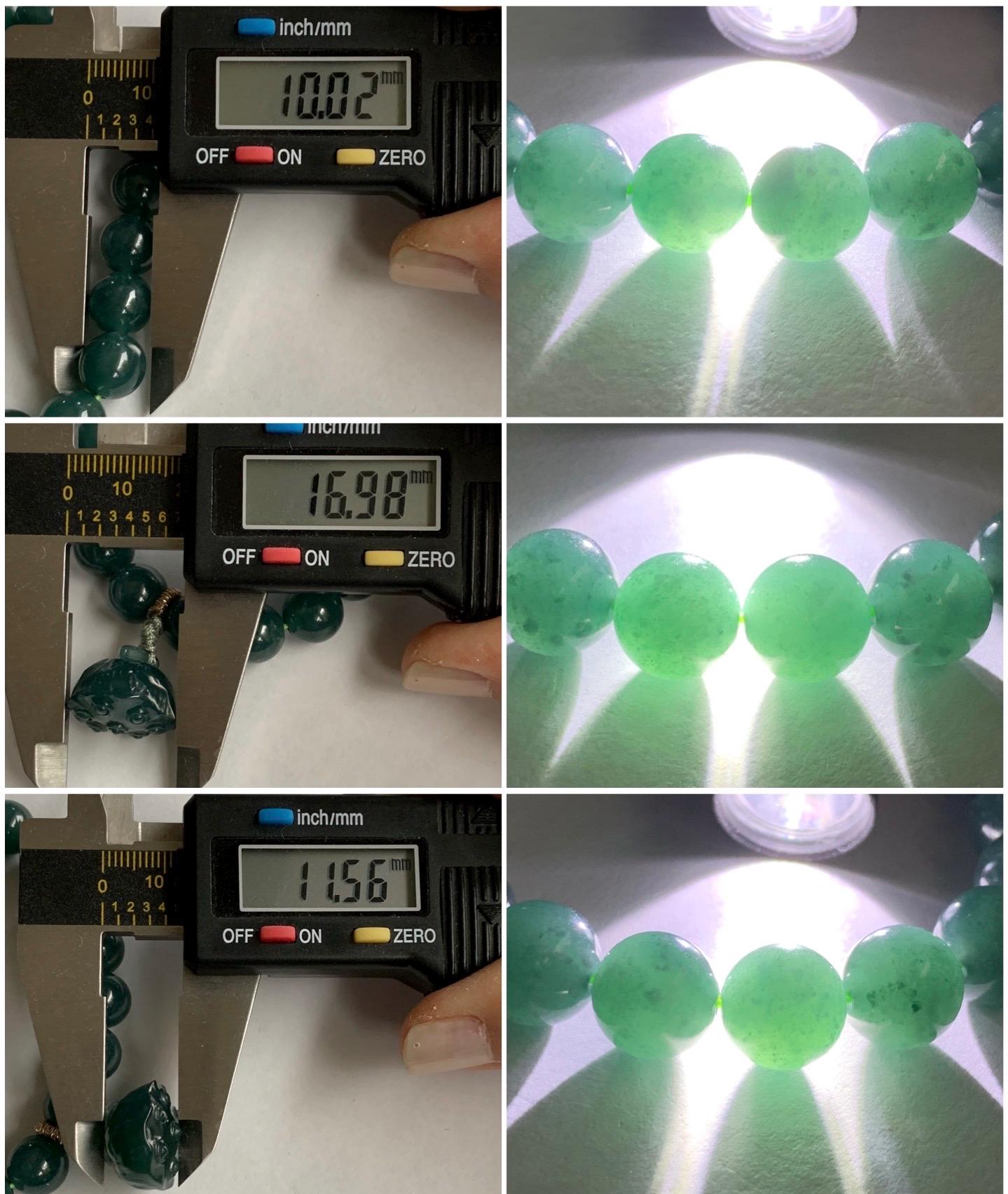 Natural Guatemalan Icy Translucent Dark Teal Green Jadeite Beaded Bracelet Pudgy Lotus Pod Charm 10mm 7.5” 39g 天然冰危蓝绿翡翠莲蓬手串 LPW43