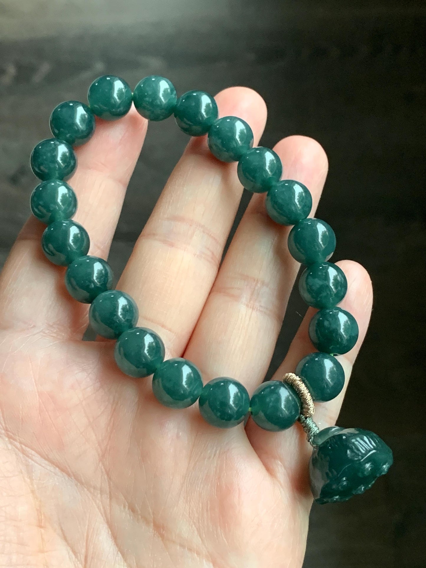 Natural Guatemalan Icy Translucent Dark Teal Green Jadeite Beaded Bracelet Pudgy Lotus Pod Charm 10mm 7.5” 39g 天然冰危蓝绿翡翠莲蓬手串 LPW43