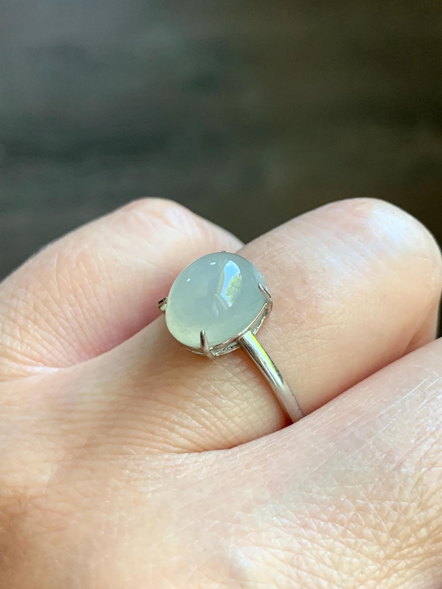 Natural Burmese Icy Translucent Gelatinous Large Light Beige Jadeite Solitaire Ring Sterling Silver Adjustable 天然缅甸冰胶淡雪梨黄翡翠蛋面银镶戒指 MDJ70B