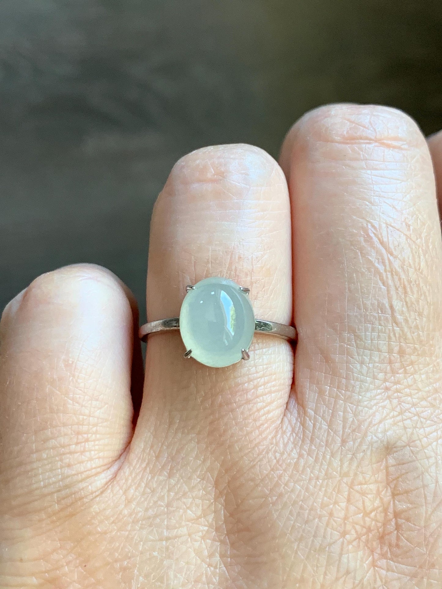 Natural Burmese Icy Translucent Gelatinous Large Light Beige Jadeite Solitaire Ring Sterling Silver Adjustable 天然缅甸冰胶淡雪梨黄翡翠蛋面银镶戒指 MDJ70B