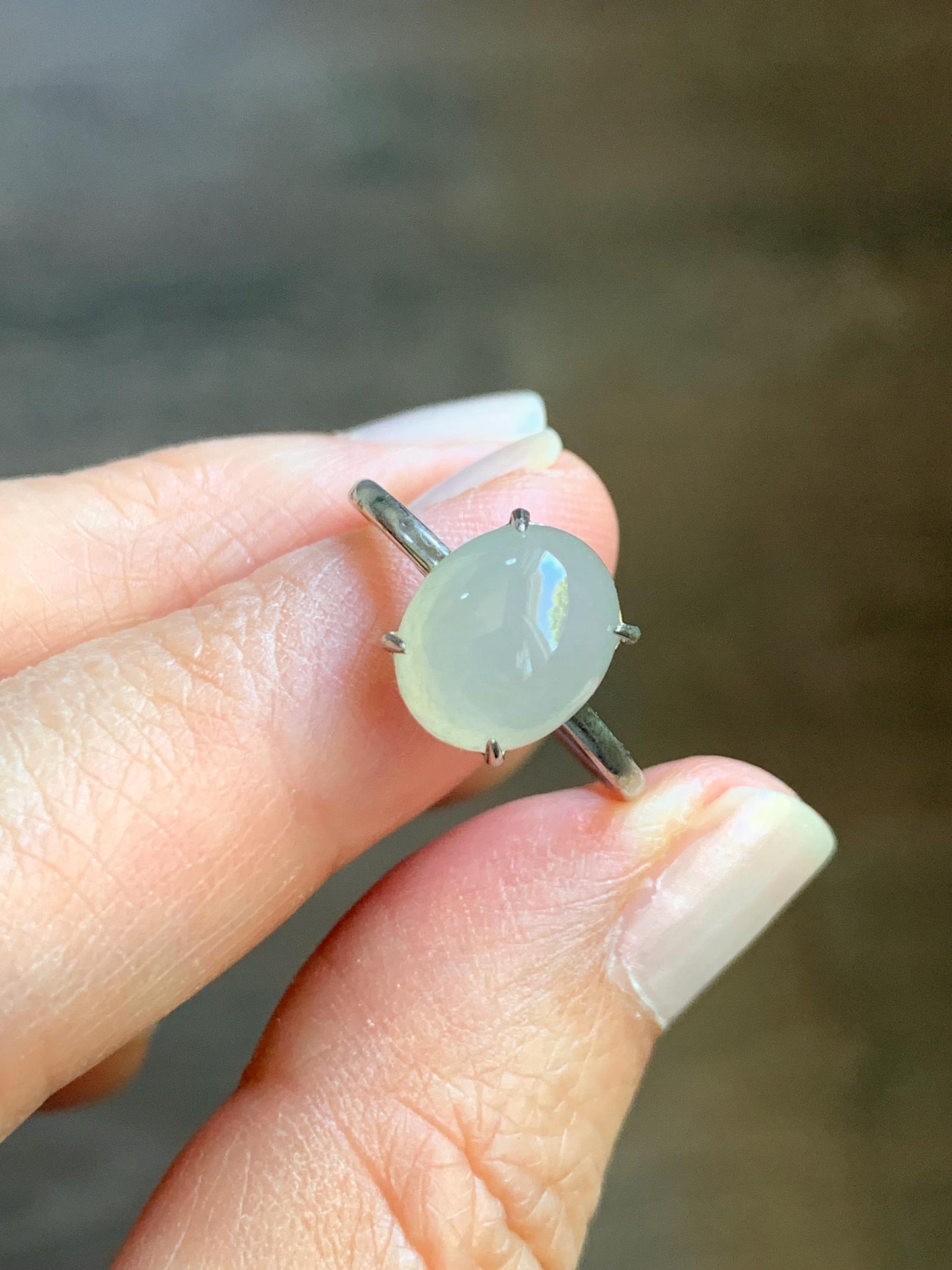 Natural Burmese Icy Translucent Gelatinous Large Light Beige Jadeite Solitaire Ring Sterling Silver Adjustable 天然缅甸冰胶淡雪梨黄翡翠蛋面银镶戒指 MDJ70B