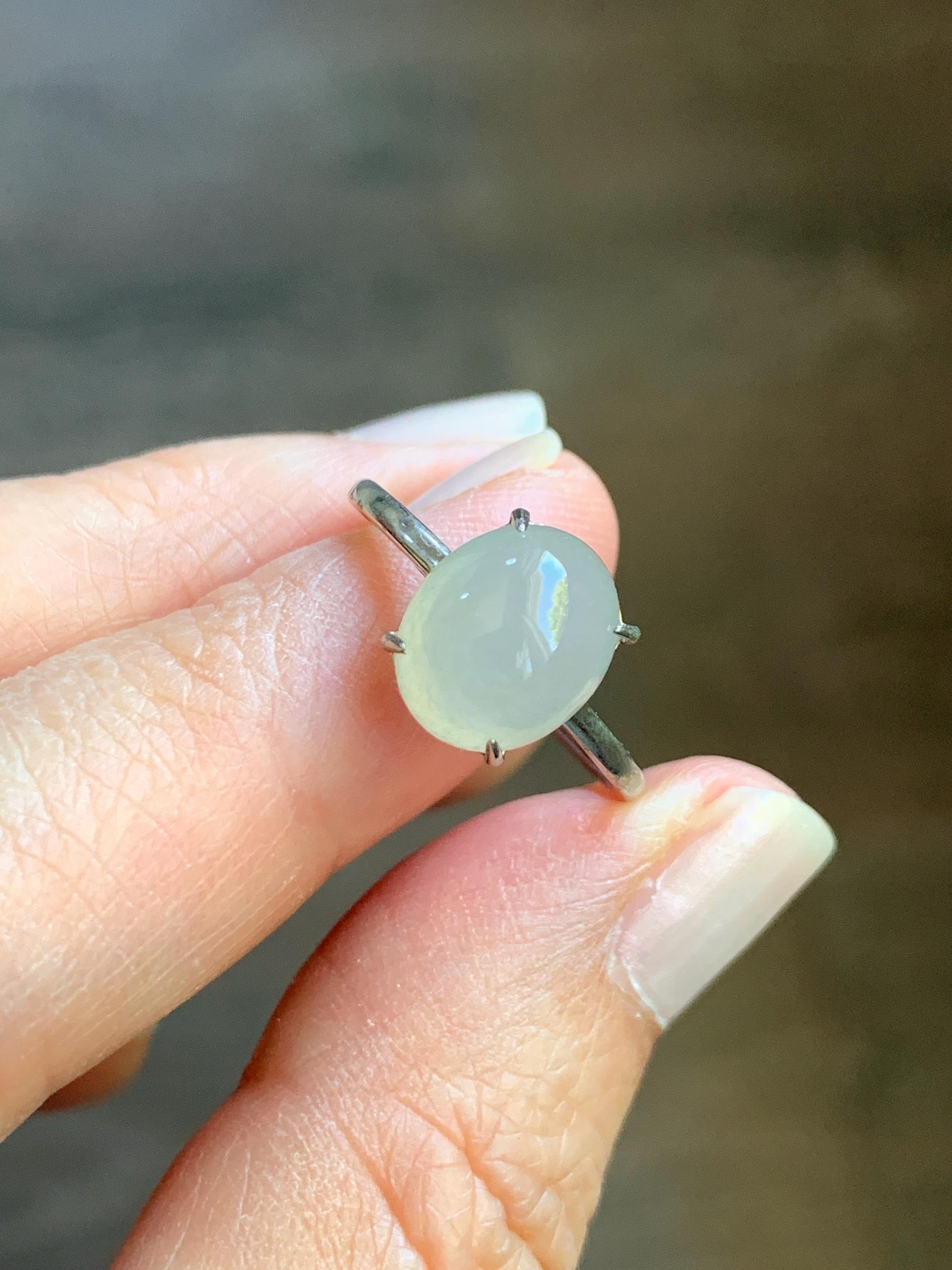 Natural Burmese Icy Translucent Gelatinous Large Light Beige Jadeite Solitaire Ring Sterling Silver Adjustable 天然缅甸冰胶淡雪梨黄翡翠蛋面银镶戒指 MDJ70B