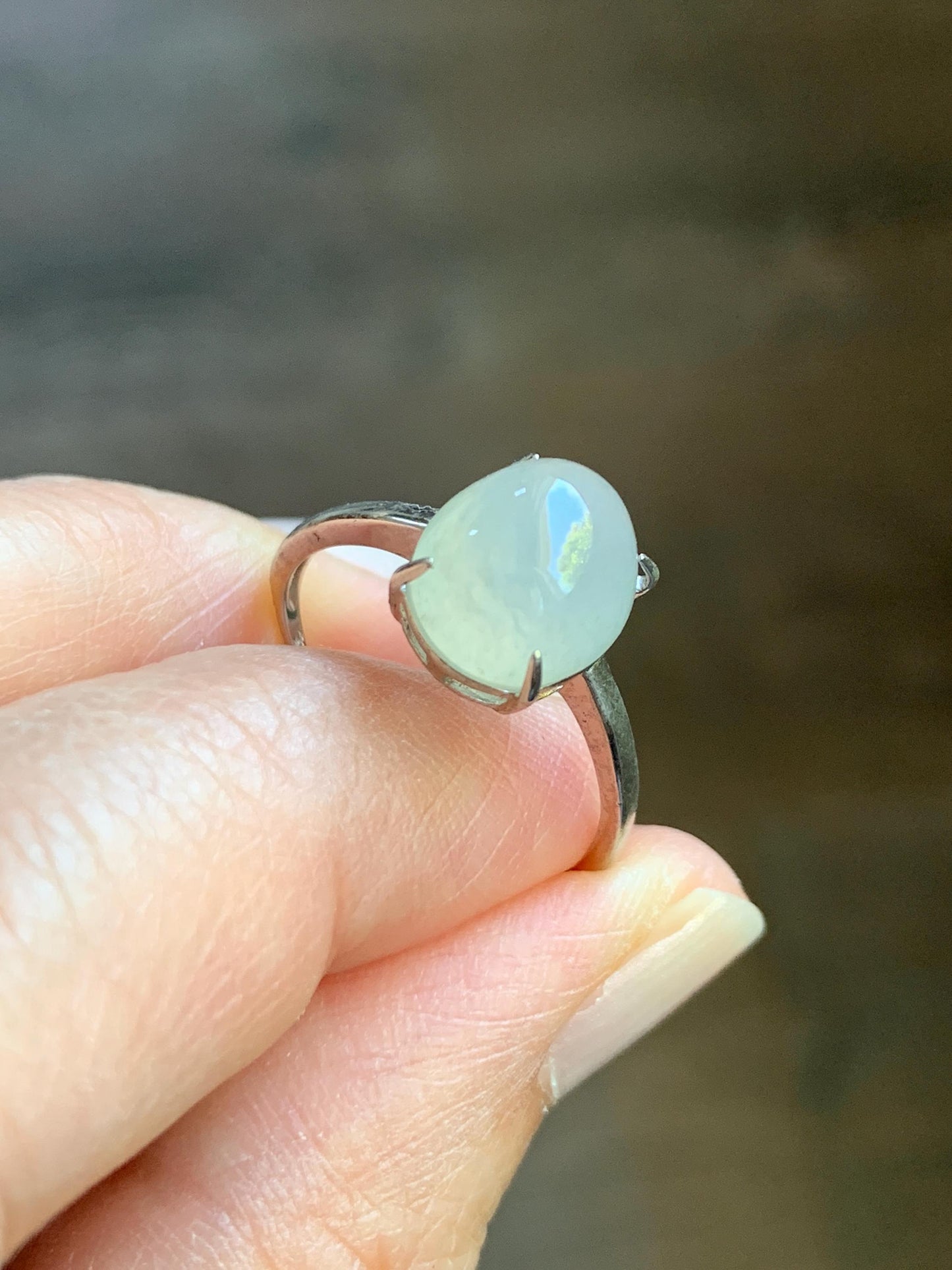 Natural Burmese Icy Translucent Gelatinous Large Light Beige Jadeite Solitaire Ring Sterling Silver Adjustable 天然缅甸冰胶淡雪梨黄翡翠蛋面银镶戒指 MDJ70B