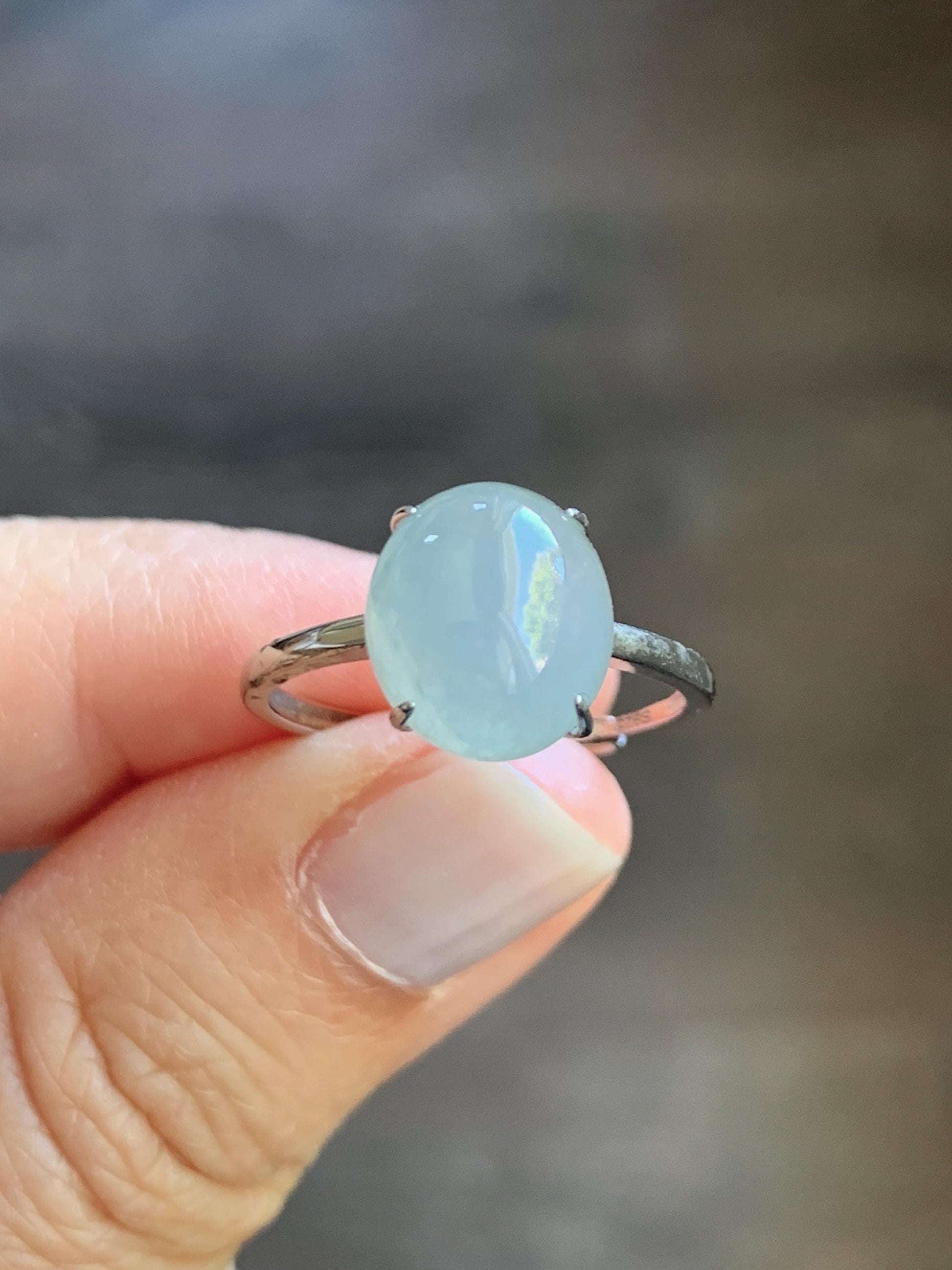Natural Burmese Icy Translucent Gelatinous Large Light Blue Jadeite Oval Solitaire Ring Sterling Silver Adjustable 天然缅甸冰胶淡蓝翡翠蛋面银镶戒指 MDJ70A
