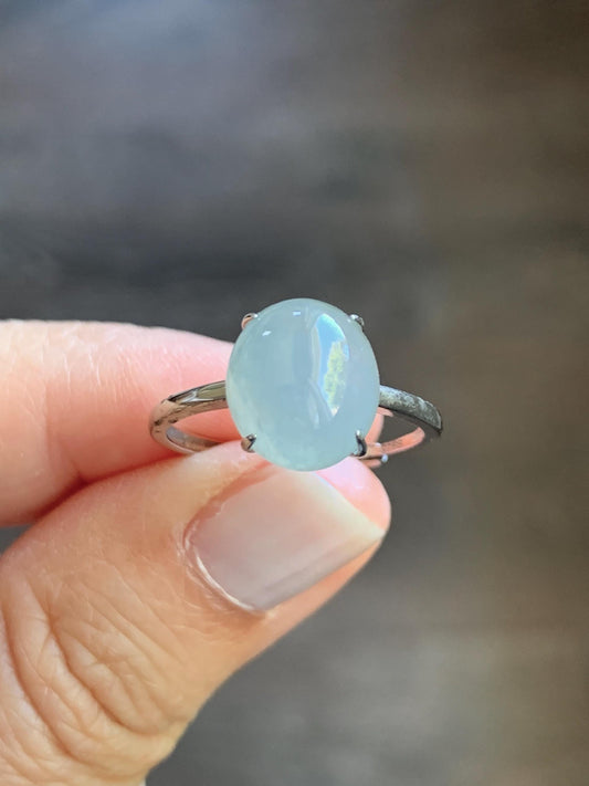 Natural Burmese Icy Translucent Gelatinous Large Light Blue Jadeite Oval Solitaire Ring Sterling Silver Adjustable 天然缅甸冰胶淡蓝翡翠蛋面银镶戒指 MDJ70A