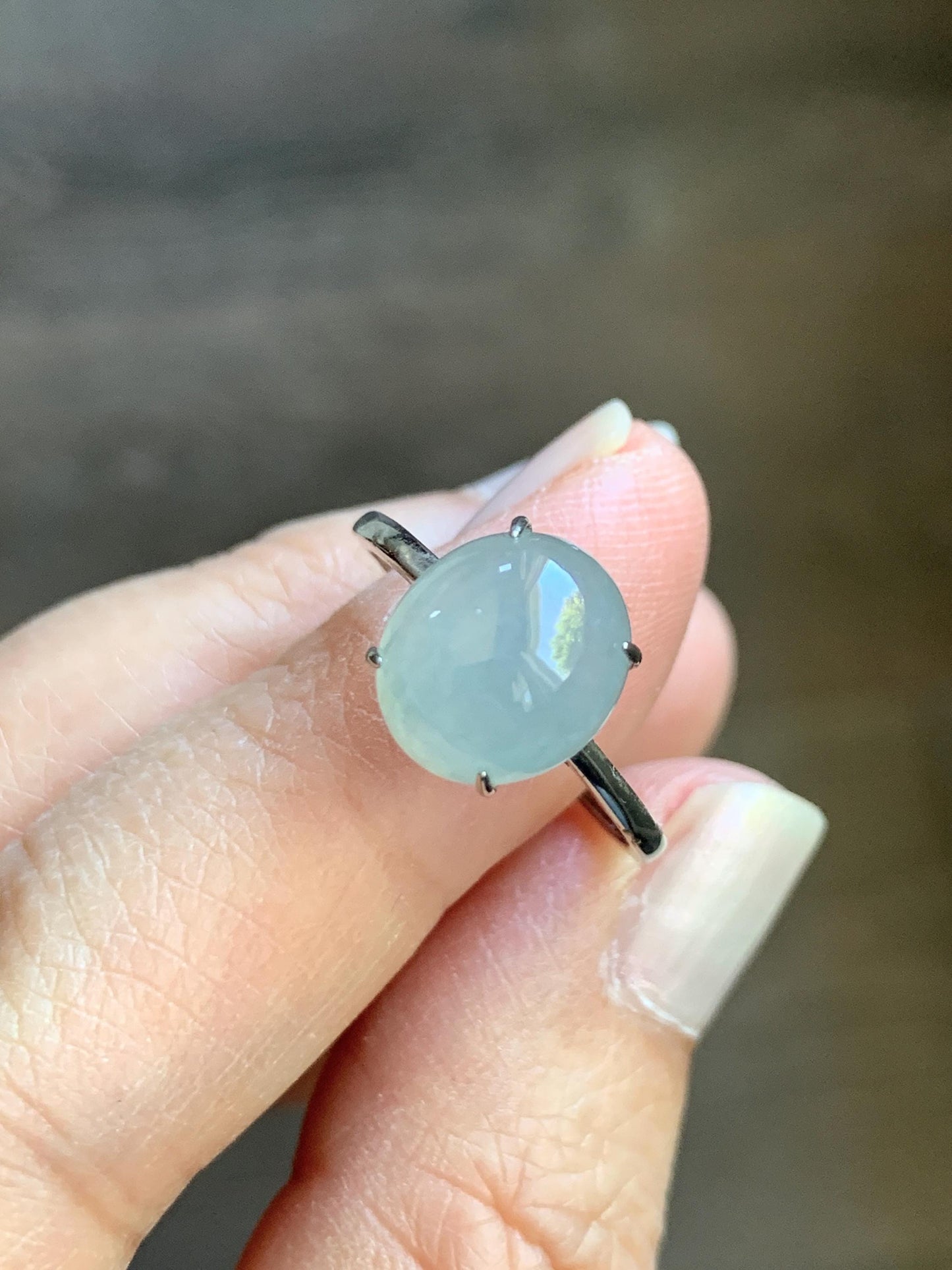 Natural Burmese Icy Translucent Gelatinous Large Light Blue Jadeite Oval Solitaire Ring Sterling Silver Adjustable 天然缅甸冰胶淡蓝翡翠蛋面银镶戒指 MDJ70A