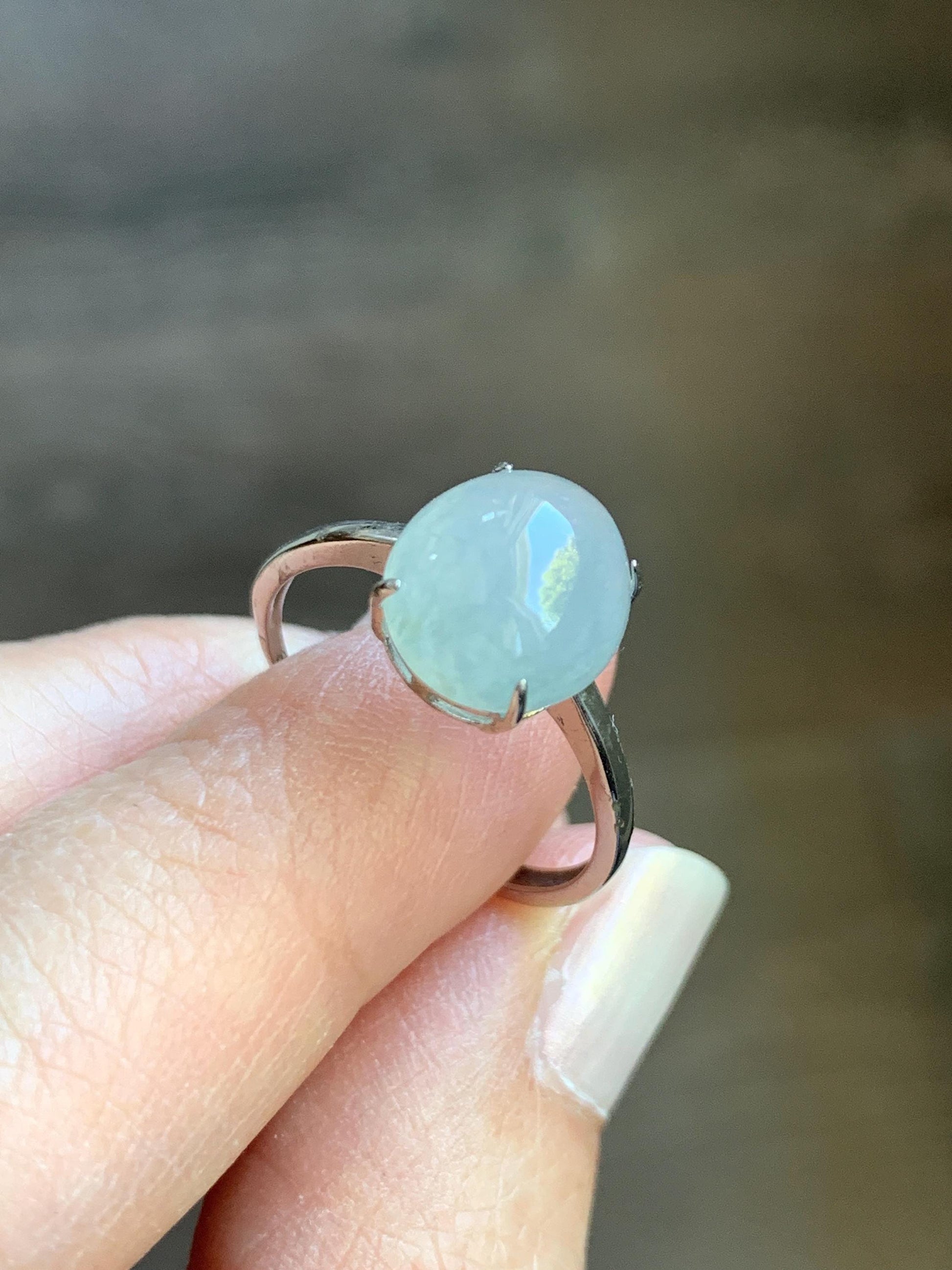 Natural Burmese Icy Translucent Gelatinous Large Light Blue Jadeite Oval Solitaire Ring Sterling Silver Adjustable 天然缅甸冰胶淡蓝翡翠蛋面银镶戒指 MDJ70A