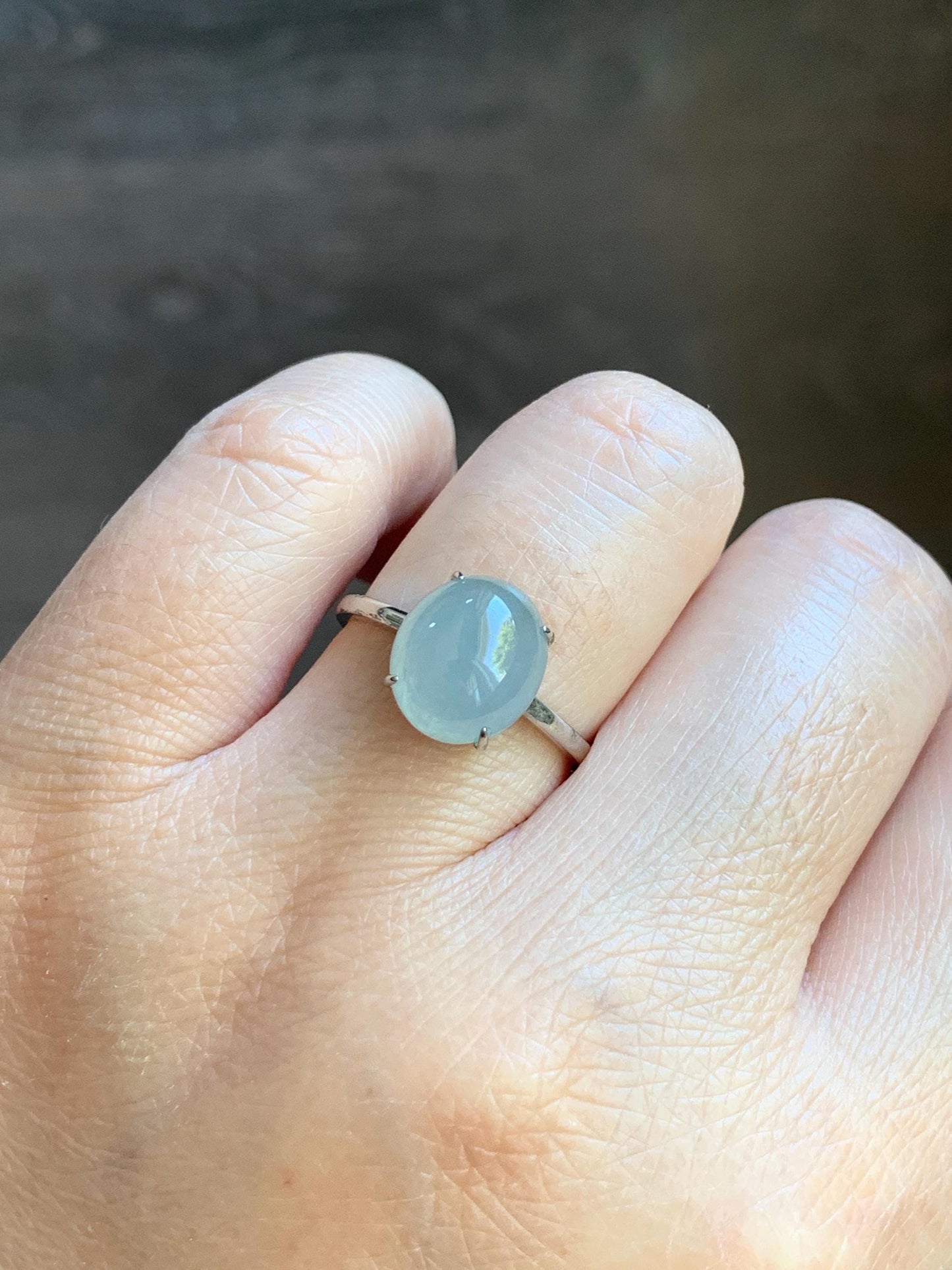 Natural Burmese Icy Translucent Gelatinous Large Light Blue Jadeite Oval Solitaire Ring Sterling Silver Adjustable 天然缅甸冰胶淡蓝翡翠蛋面银镶戒指 MDJ70A