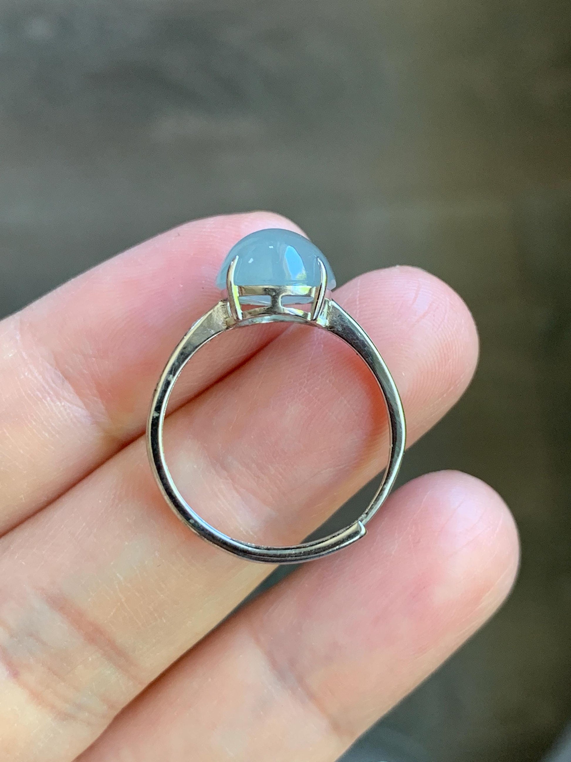 Natural Burmese Icy Translucent Gelatinous Large Light Blue Jadeite Oval Solitaire Ring Sterling Silver Adjustable 天然缅甸冰胶淡蓝翡翠蛋面银镶戒指 MDJ70A