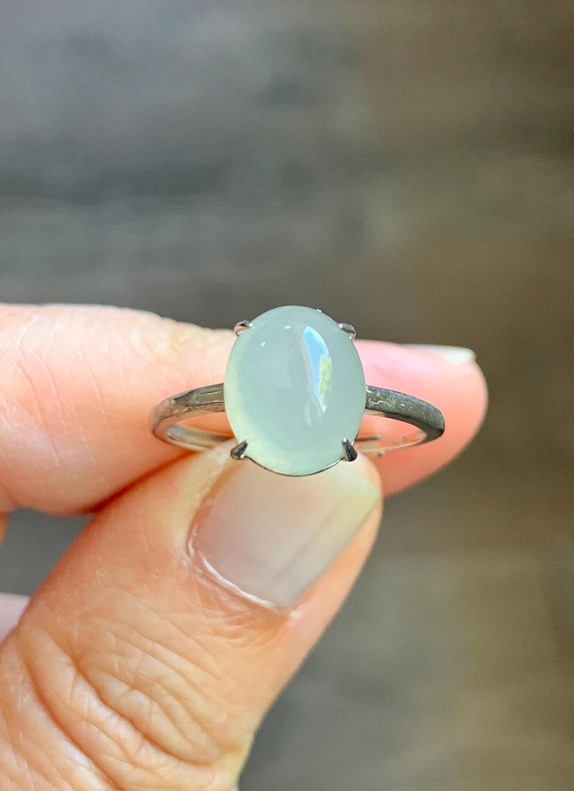 Natural Burmese Icy Translucent Gelatinous Large Light Beige Jadeite Solitaire Ring Sterling Silver Adjustable 天然缅甸冰胶淡雪梨黄翡翠蛋面银镶戒指 MDJ70B