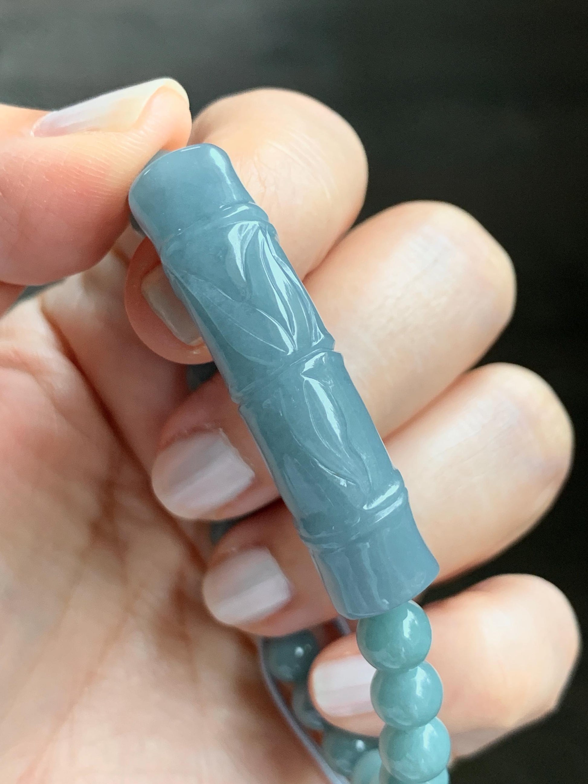 Natural Guatemalan Light Purplish Blue Jadeite Bamboo Stalk Dusty Teal Blue Jadeite Beads Beaded Bracelet 6.9mm 6.75” 22g 天然冰胶危淡蓝紫翡翠竹节手牌手串
