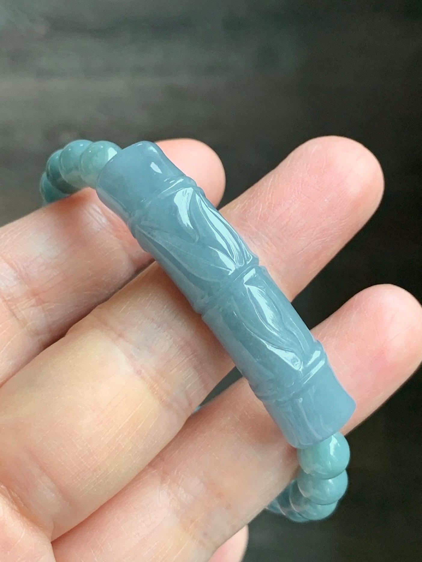 Natural Guatemalan Light Purplish Blue Jadeite Bamboo Stalk Dusty Teal Blue Jadeite Beads Beaded Bracelet 6.9mm 6.75” 22g 天然冰胶危淡蓝紫翡翠竹节手牌手串