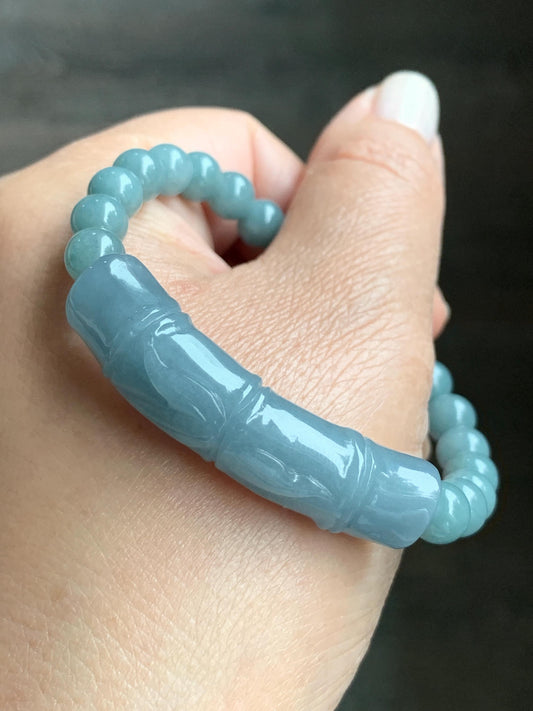 Natural Guatemalan Light Purplish Blue Jadeite Bamboo Stalk Dusty Teal Blue Jadeite Beads Beaded Bracelet 6.9mm 6.75” 22g 天然冰胶危淡蓝紫翡翠竹节手牌手串