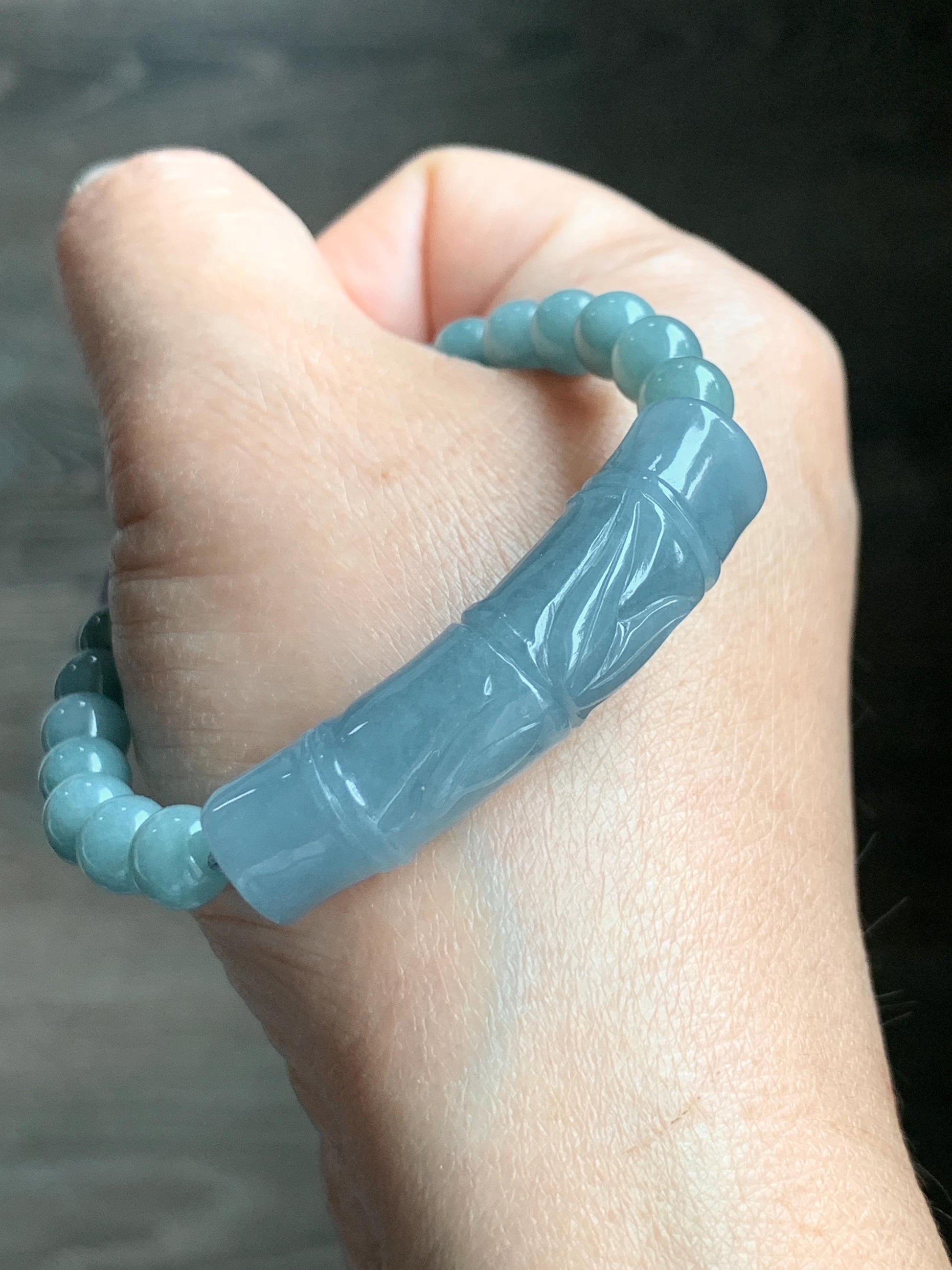 Natural Guatemalan Light Purplish Blue Jadeite Bamboo Stalk Dusty Teal Blue Jadeite Beads Beaded Bracelet 6.9mm 6.75” 22g 天然冰胶危淡蓝紫翡翠竹节手牌手串