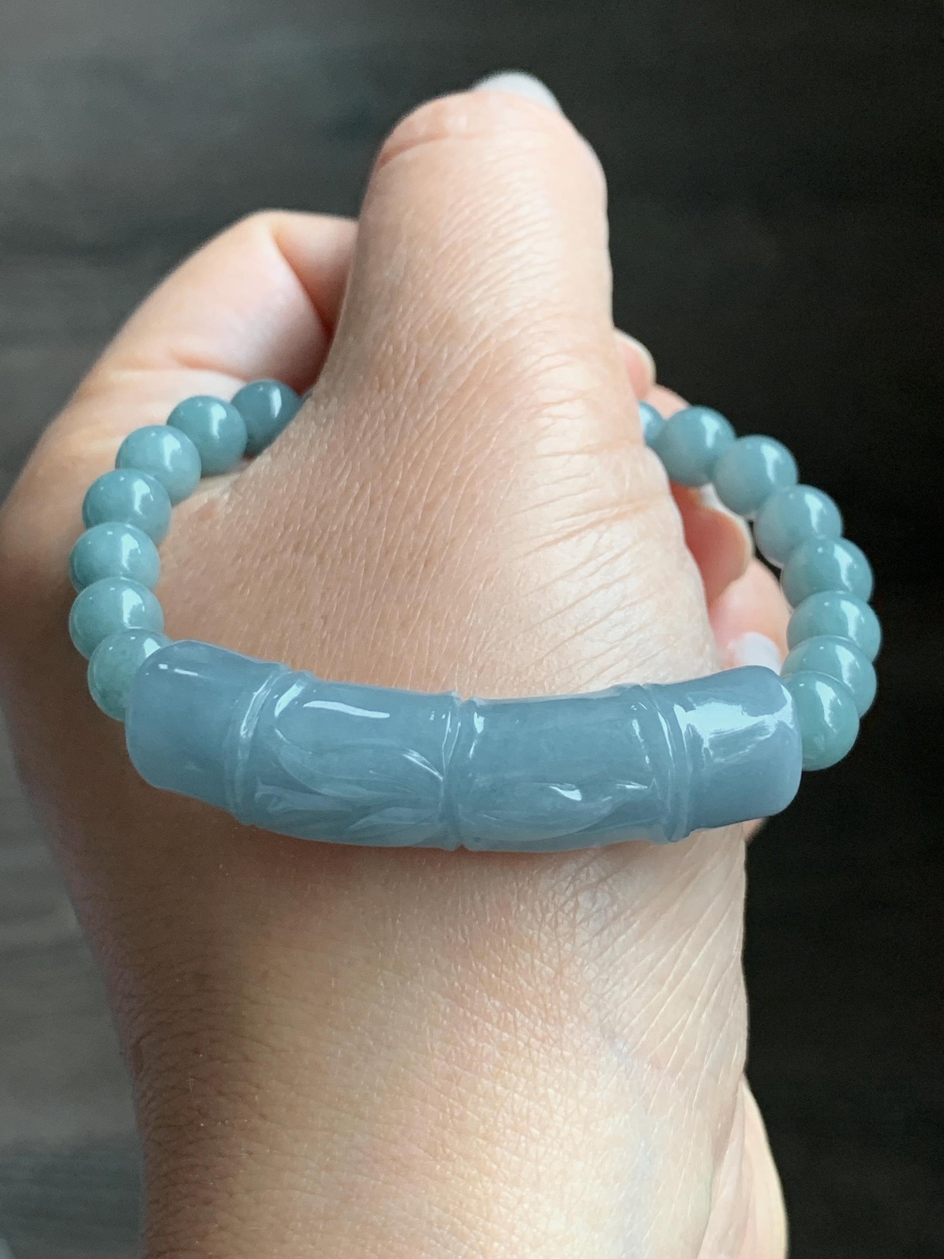 Natural Guatemalan Light Purplish Blue Jadeite Bamboo Stalk Dusty Teal Blue Jadeite Beads Beaded Bracelet 6.9mm 6.75” 22g 天然冰胶危淡蓝紫翡翠竹节手牌手串
