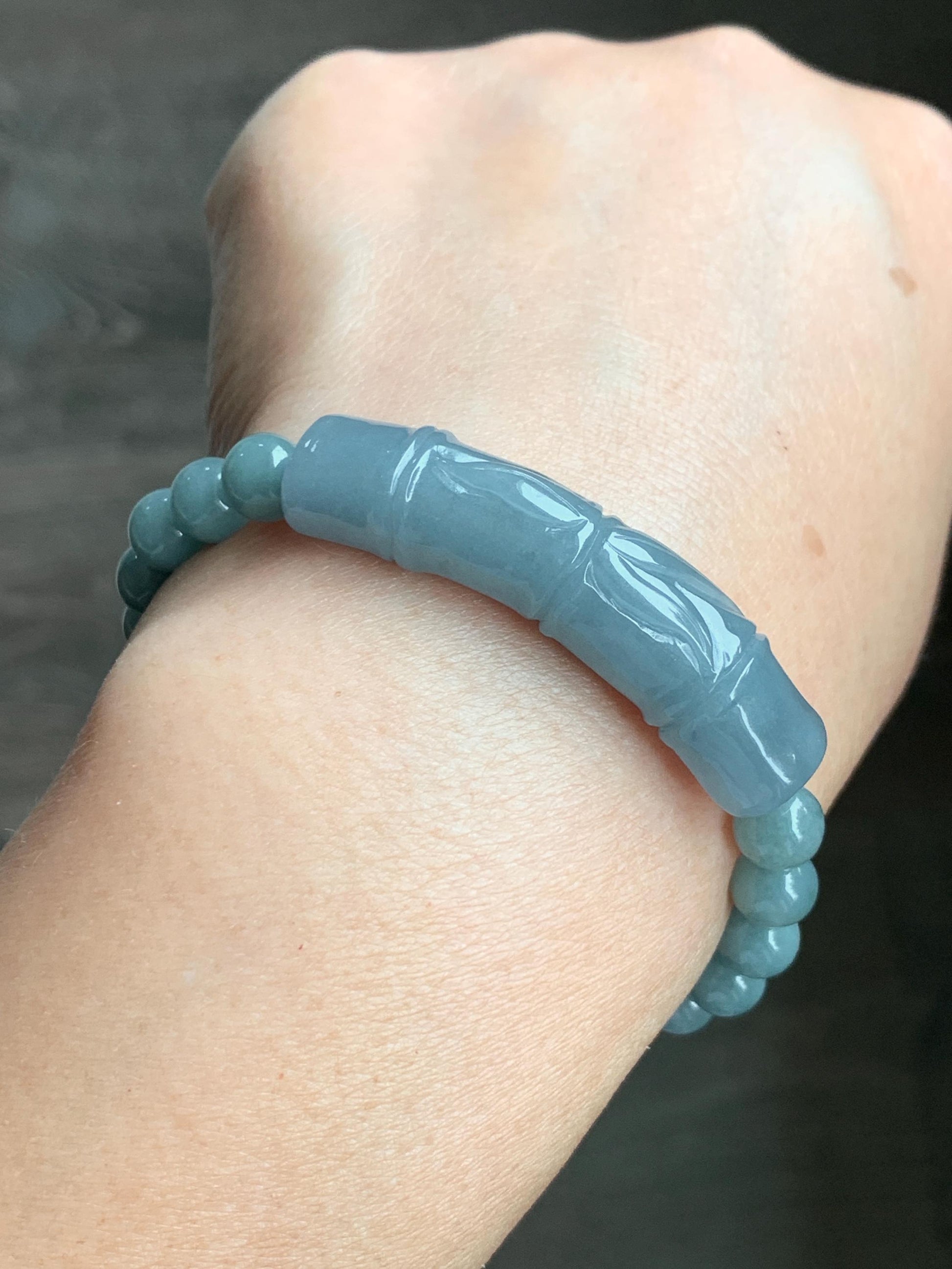 Natural Guatemalan Light Purplish Blue Jadeite Bamboo Stalk Dusty Teal Blue Jadeite Beads Beaded Bracelet 6.9mm 6.75” 22g 天然冰胶危淡蓝紫翡翠竹节手牌手串