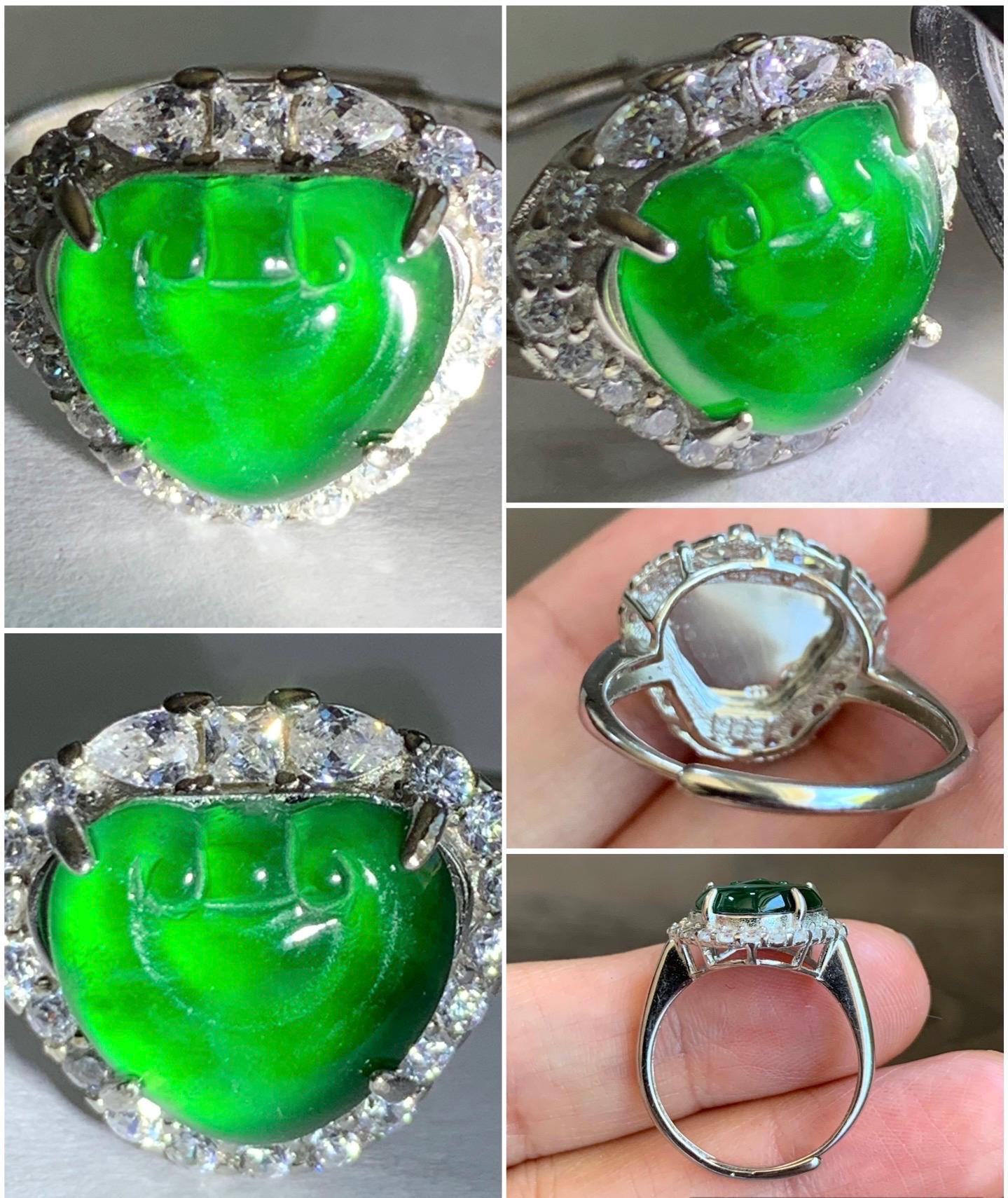 Natural Guatemalan Icy Translucent Vibrant Green Jadeite Ruyi Ring Halo Style Sterling Silver Size 7 Adjustable 天然老种冰危绿翡翠如意银镶戒指