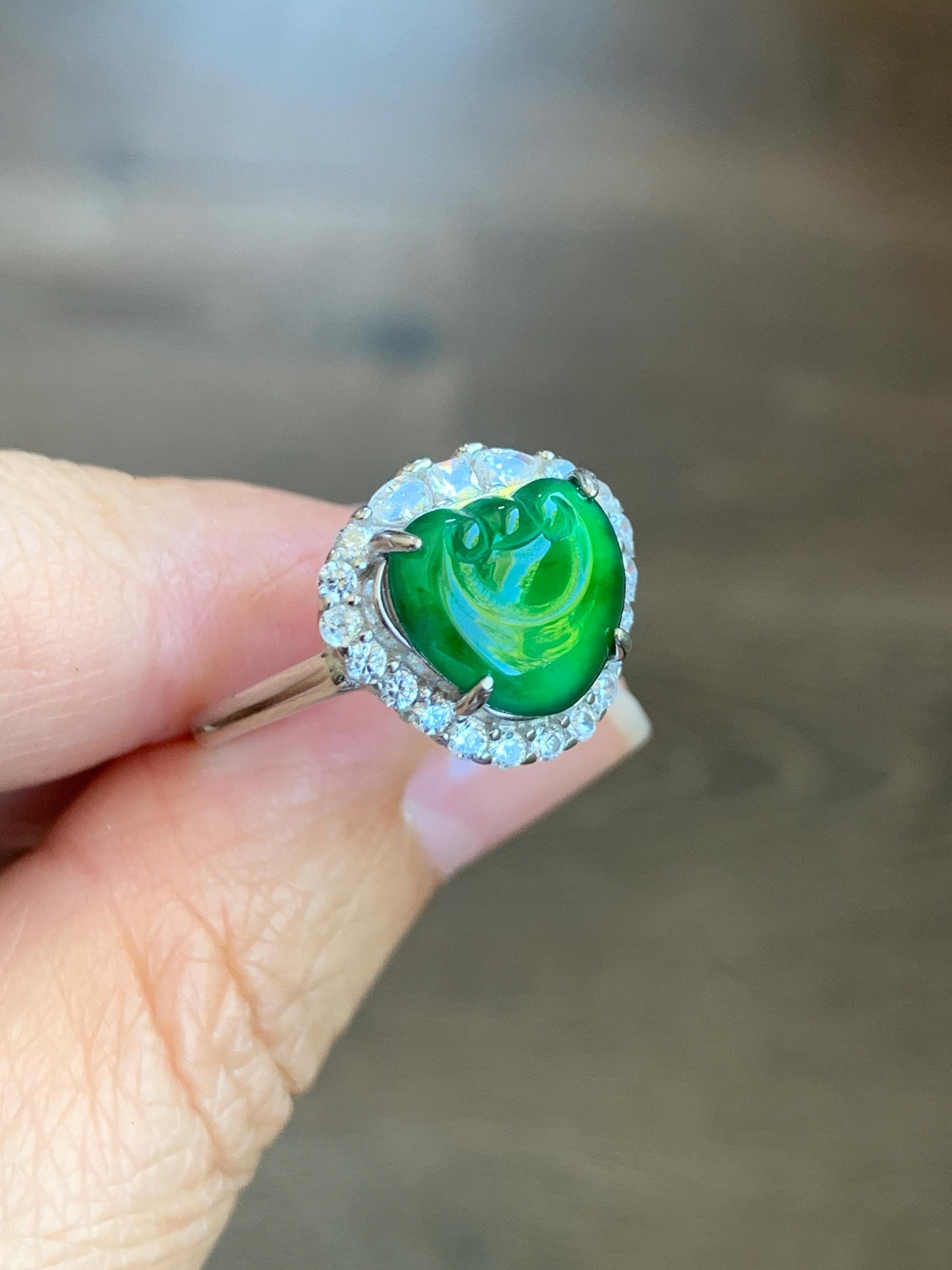 Natural Guatemalan Icy Translucent Vibrant Green Jadeite Ruyi Ring Halo Style Sterling Silver Size 7 Adjustable 天然老种冰危绿翡翠如意银镶戒指