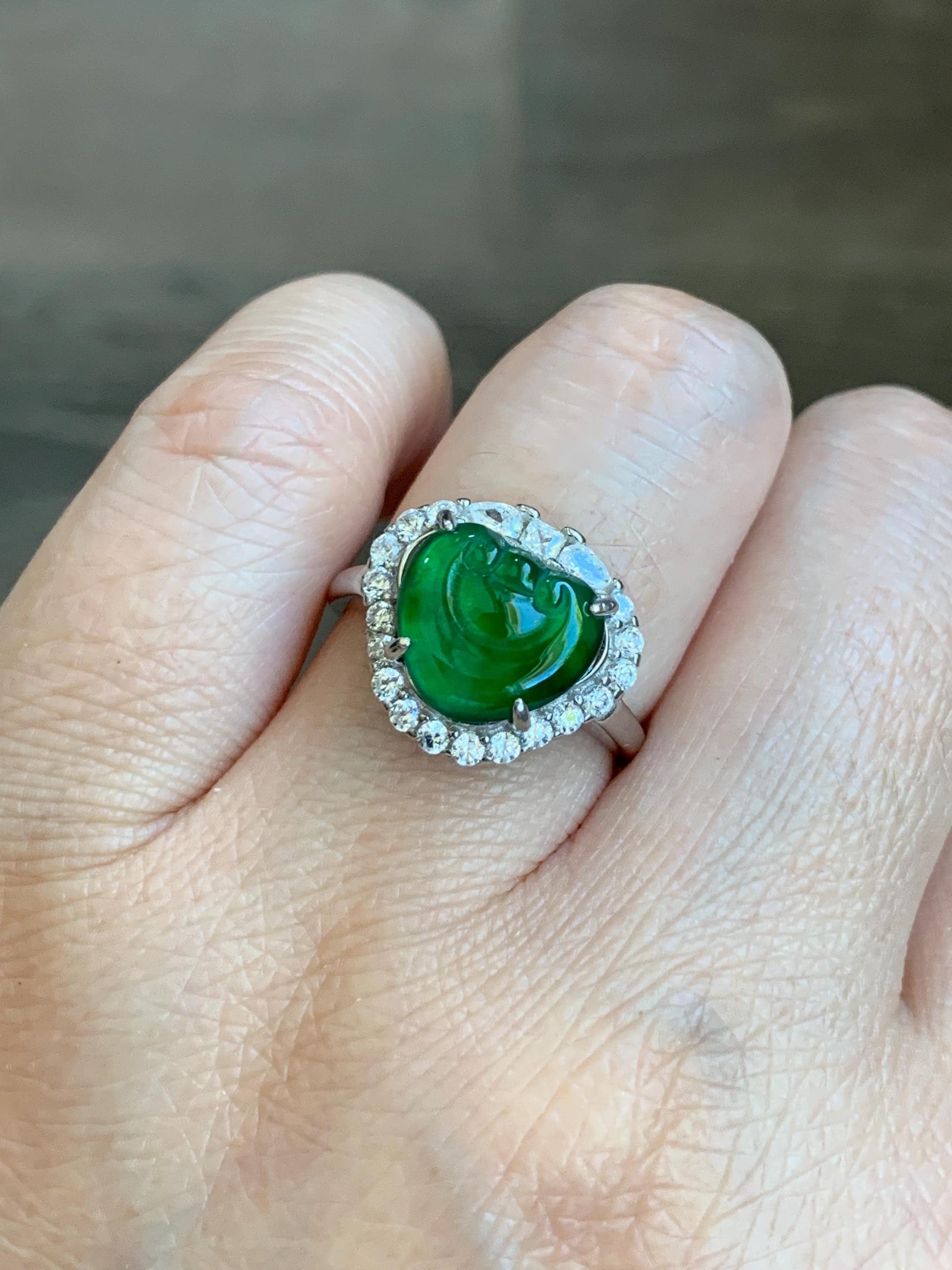 Natural Guatemalan Icy Translucent Vibrant Green Jadeite Ruyi Ring Halo Style Sterling Silver Size 7 Adjustable 天然老种冰危绿翡翠如意银镶戒指