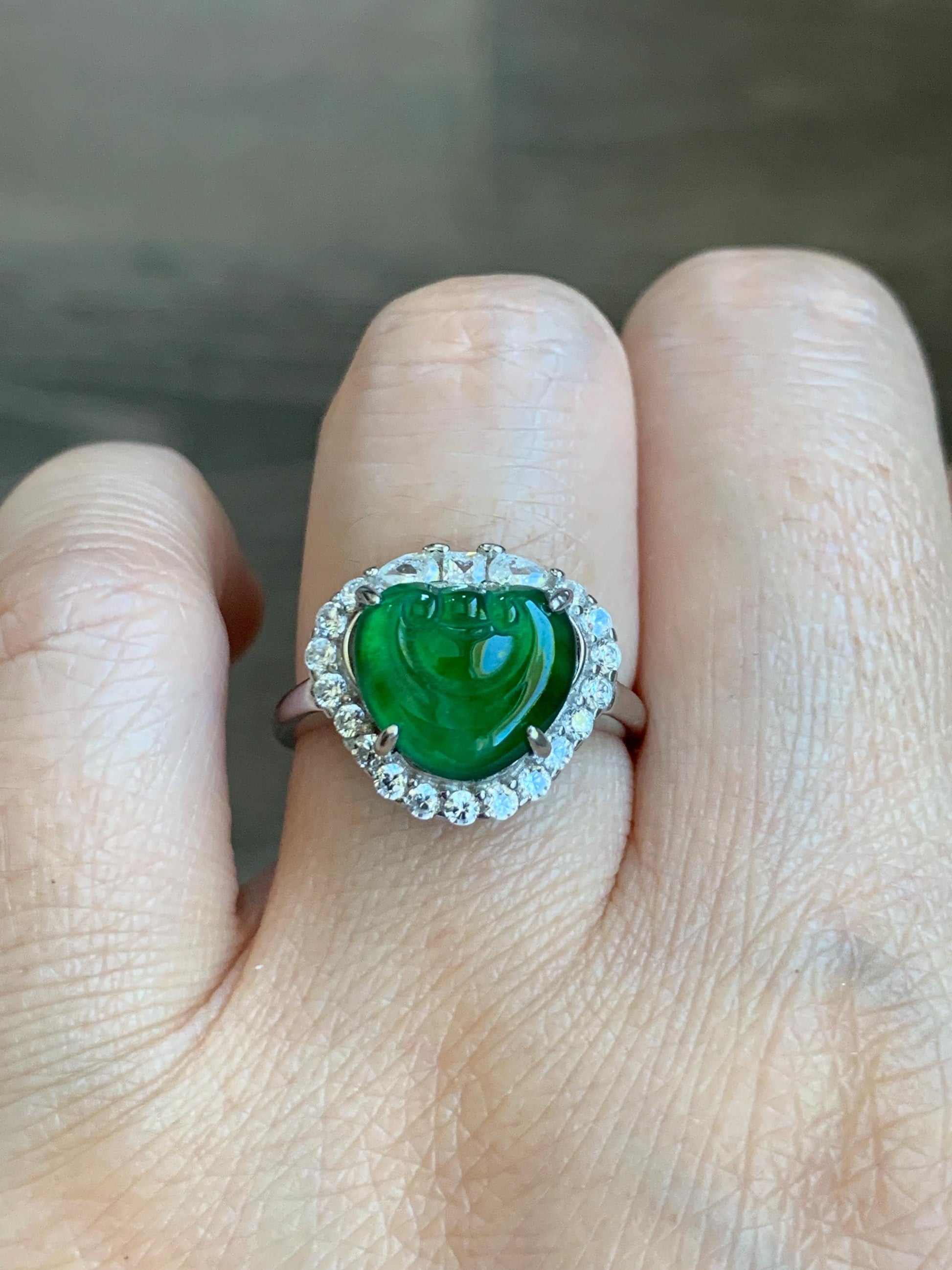 Natural Guatemalan Icy Translucent Vibrant Green Jadeite Ruyi Ring Halo Style Sterling Silver Size 7 Adjustable 天然老种冰危绿翡翠如意银镶戒指