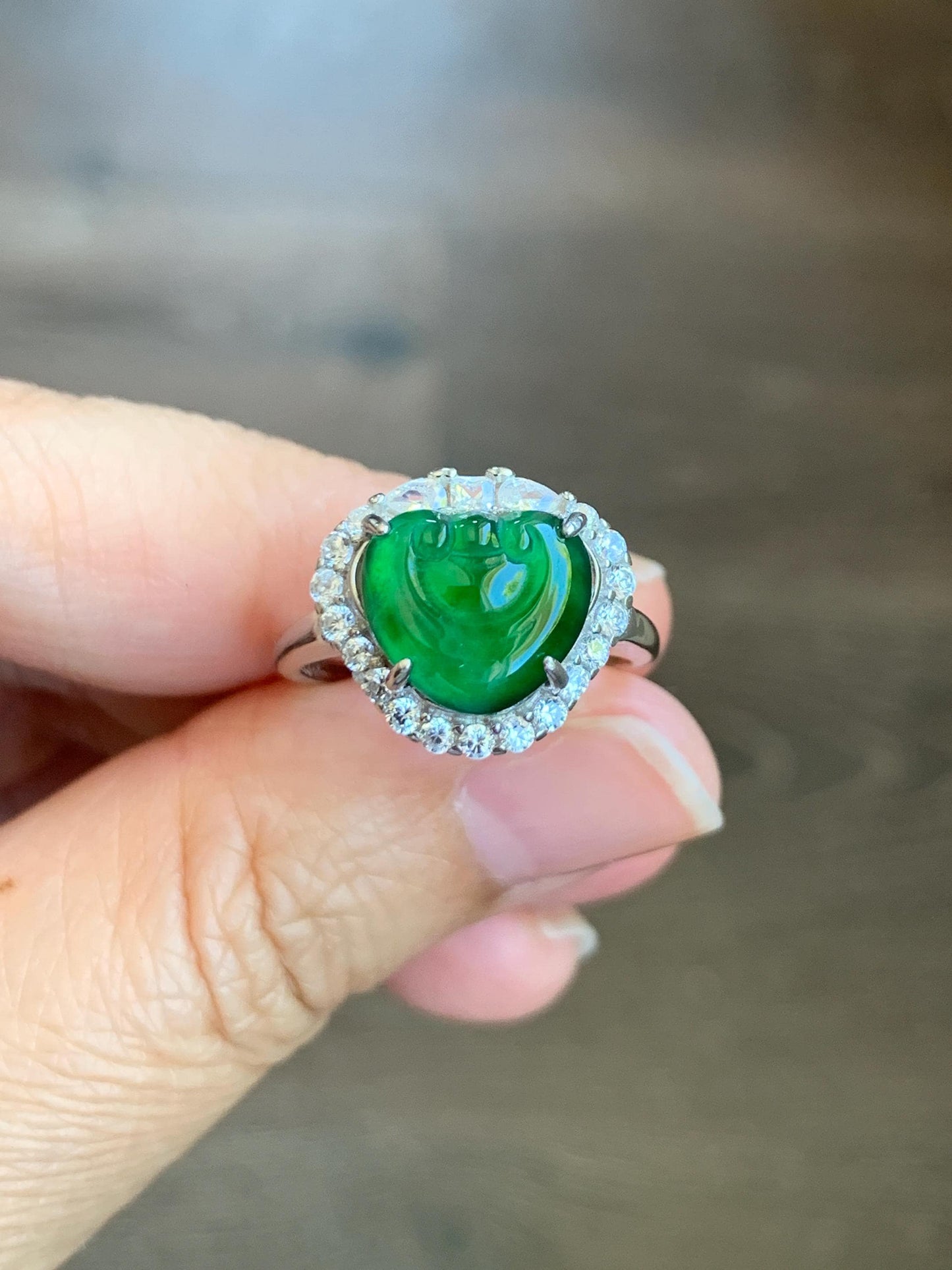 Natural Guatemalan Icy Translucent Vibrant Green Jadeite Ruyi Ring Halo Style Sterling Silver Size 7 Adjustable 天然老种冰危绿翡翠如意银镶戒指