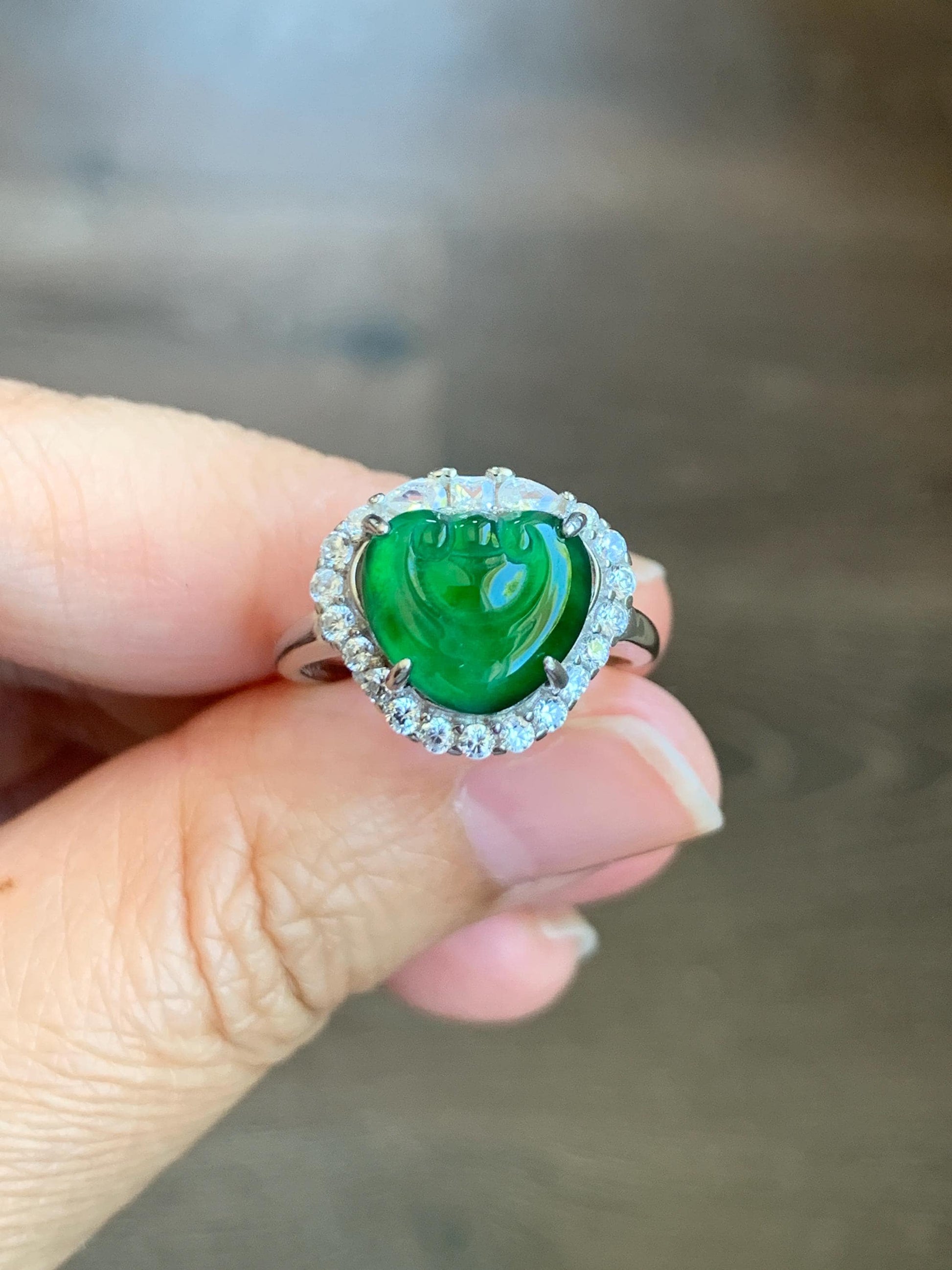 Natural Guatemalan Icy Translucent Vibrant Green Jadeite Ruyi Ring Halo Style Sterling Silver Size 7 Adjustable 天然老种冰危绿翡翠如意银镶戒指
