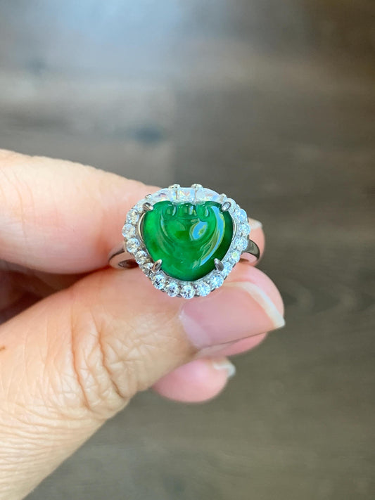 Natural Guatemalan Icy Translucent Vibrant Green Jadeite Ruyi Ring Halo Style Sterling Silver Size 7 Adjustable 天然老种冰危绿翡翠如意银镶戒指