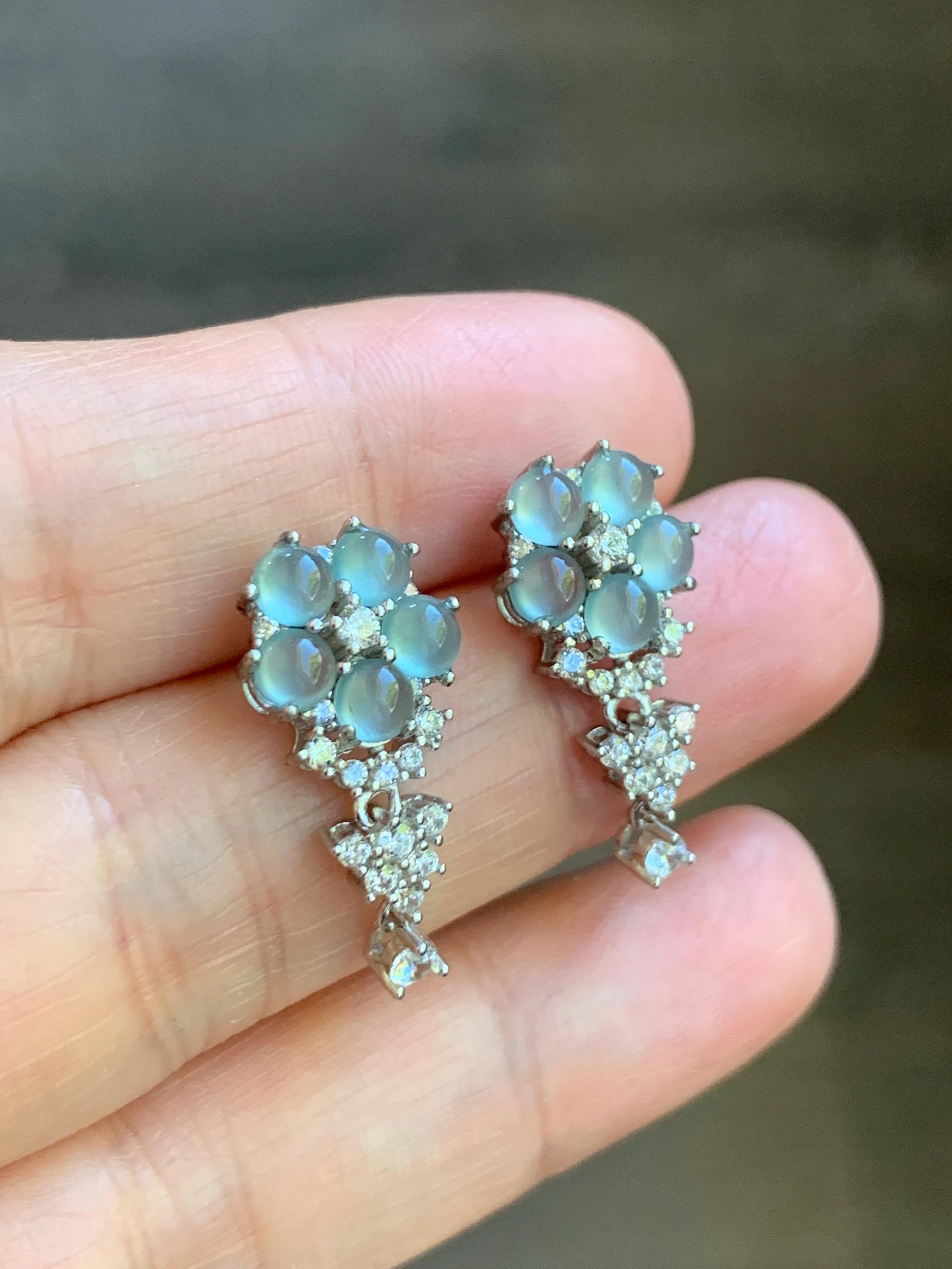 Certified Natural Guatemalan Grade A Icy Highly Translucent Light Blue Jadeite Floral Stud Earrings Sterling Silver 天然冰危淡蓝翡翠银镶耳钉 6885