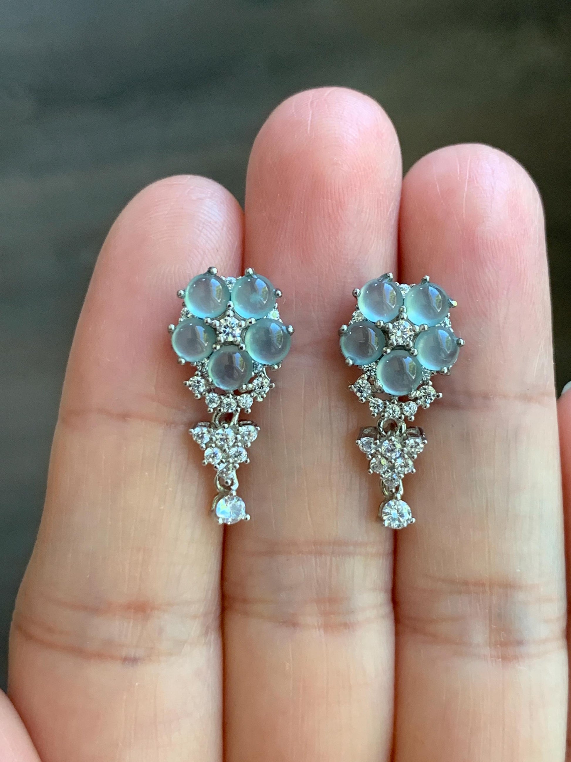 Certified Natural Guatemalan Grade A Icy Highly Translucent Light Blue Jadeite Floral Stud Earrings Sterling Silver 天然冰危淡蓝翡翠银镶耳钉 6885