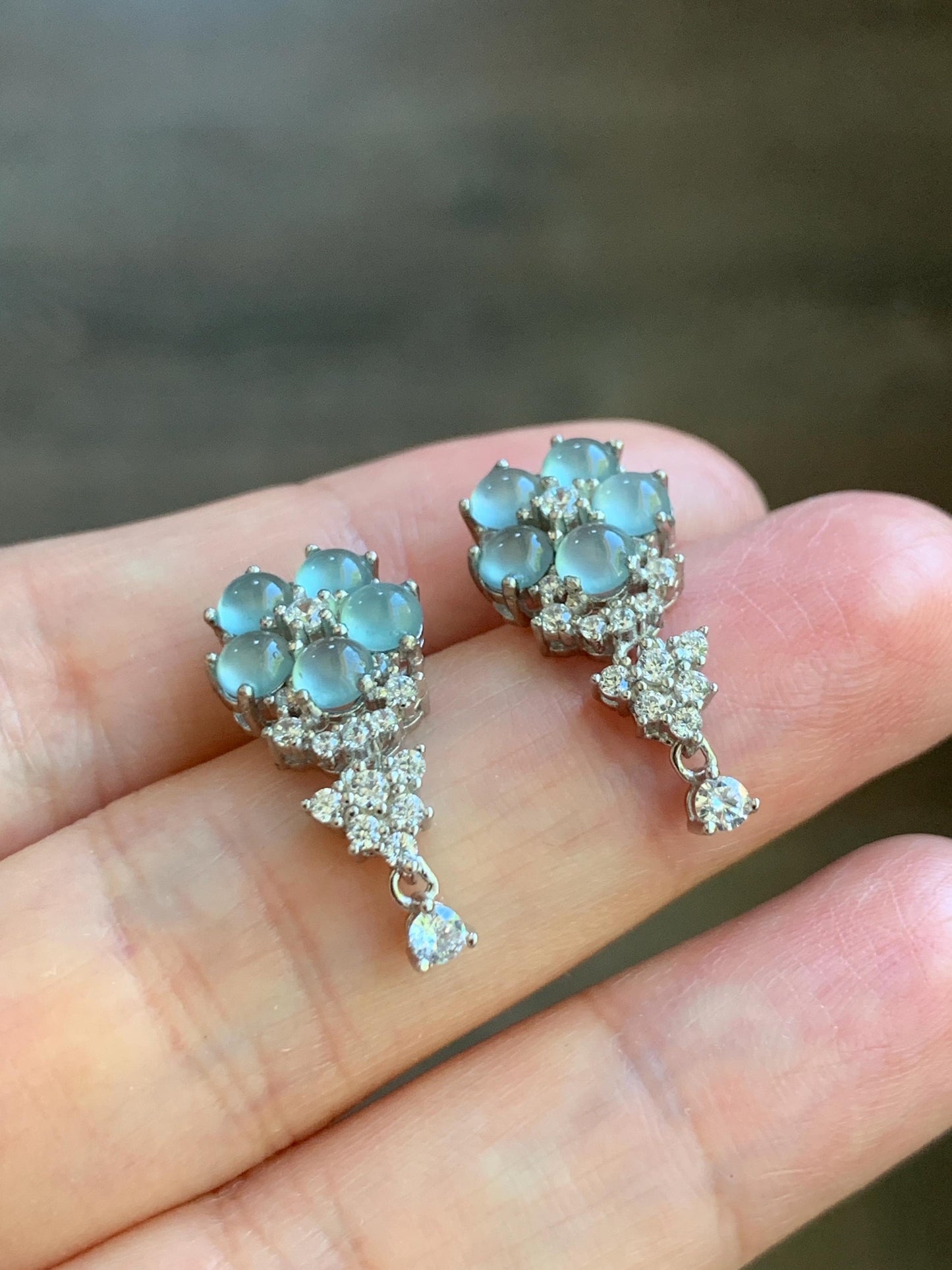 Certified Natural Guatemalan Grade A Icy Highly Translucent Light Blue Jadeite Floral Stud Earrings Sterling Silver 天然冰危淡蓝翡翠银镶耳钉 6885