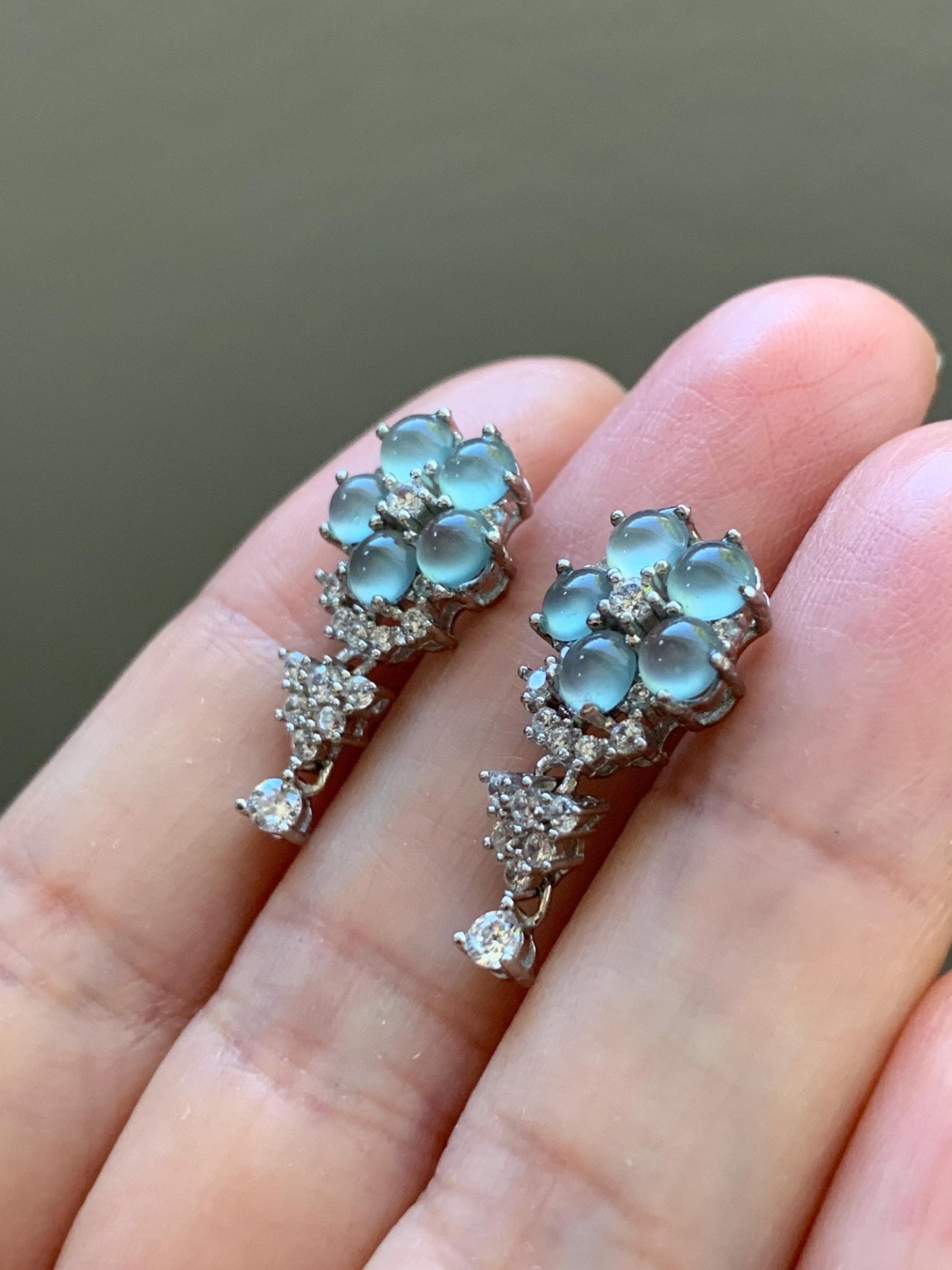 Certified Natural Guatemalan Grade A Icy Highly Translucent Light Blue Jadeite Floral Stud Earrings Sterling Silver 天然冰危淡蓝翡翠银镶耳钉 6885