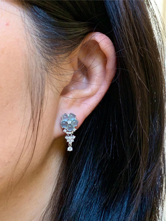 Certified Natural Guatemalan Grade A Icy Highly Translucent Light Blue Jadeite Floral Stud Earrings Sterling Silver 天然冰危淡蓝翡翠银镶耳钉 6885