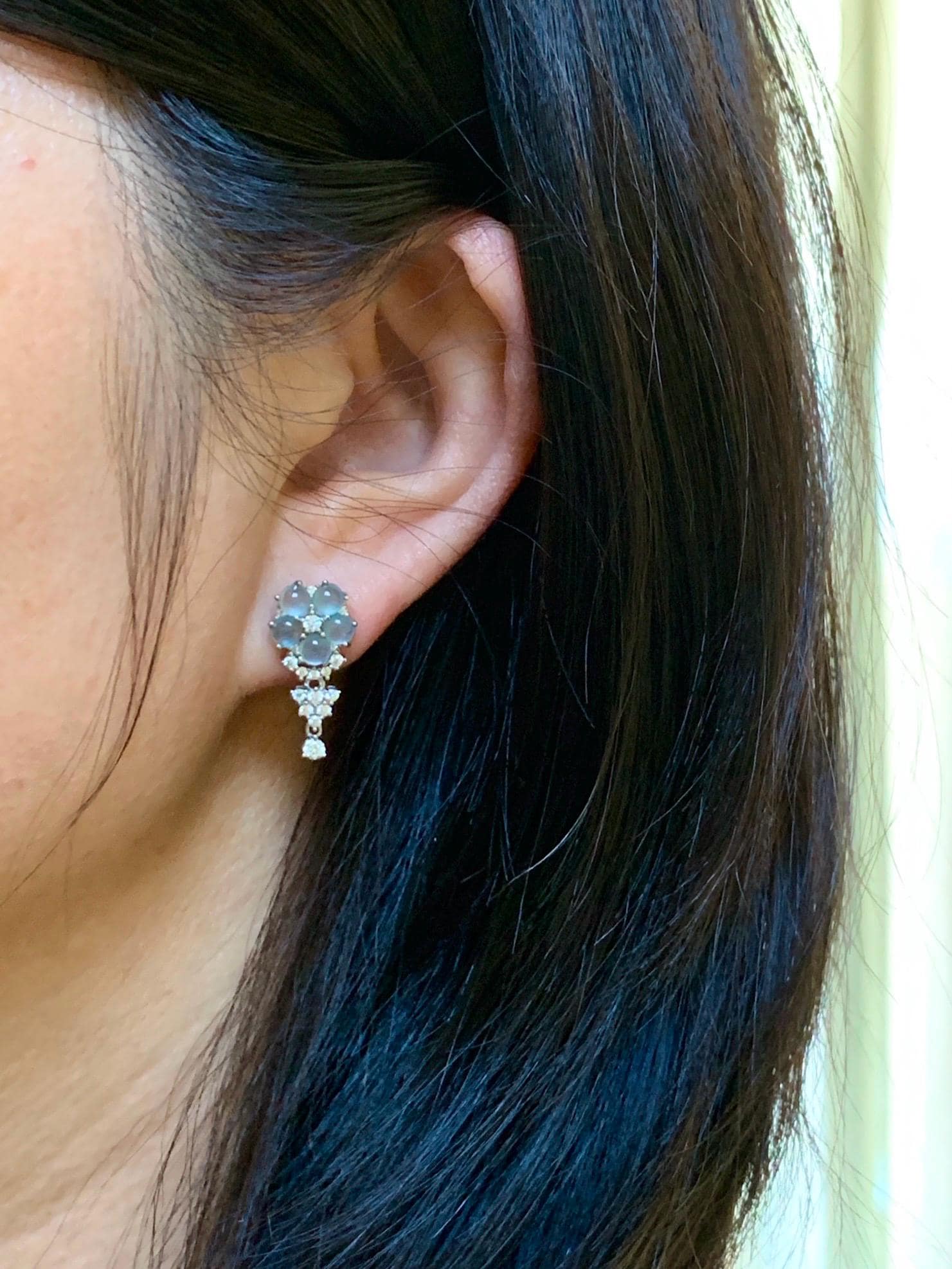 Certified Natural Guatemalan Grade A Icy Highly Translucent Light Blue Jadeite Floral Stud Earrings Sterling Silver 天然冰危淡蓝翡翠银镶耳钉 6885