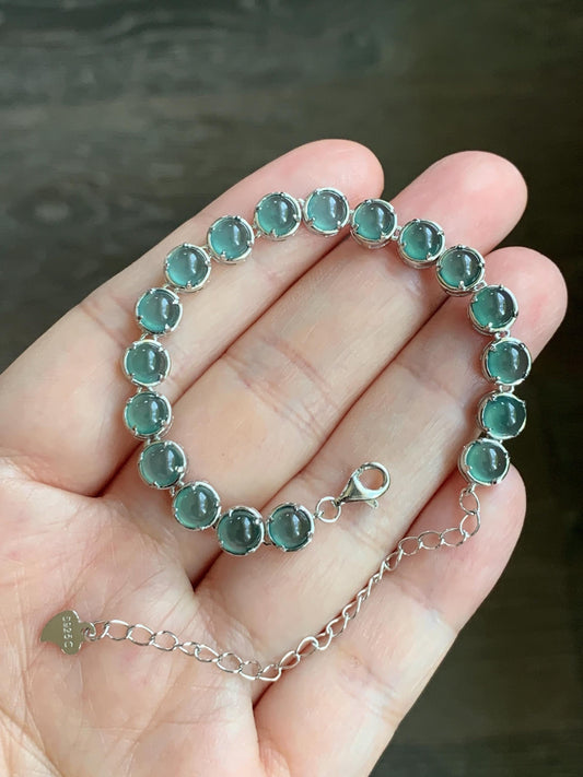 Certified Natural Guatemalan Premium Icy Teal Blue Jadeite Tennis Bracelet S925 Sterling Silver adjustable 5.25”-7.5” 天然高冰危蓝绿翡翠银镶手链 6896
