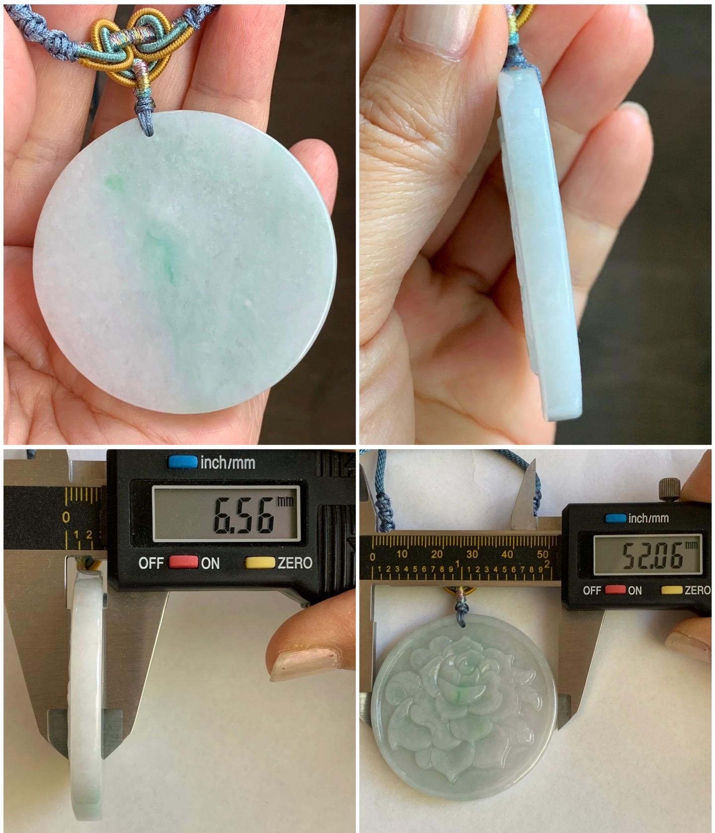 Natural Burmese Grade A Translucent Light Green & Green Marbled Jadeite Rose Flower Pendant Rope Necklace 26” 40g 天然缅甸糯冰晴飘花翡翠玫瑰花吊坠