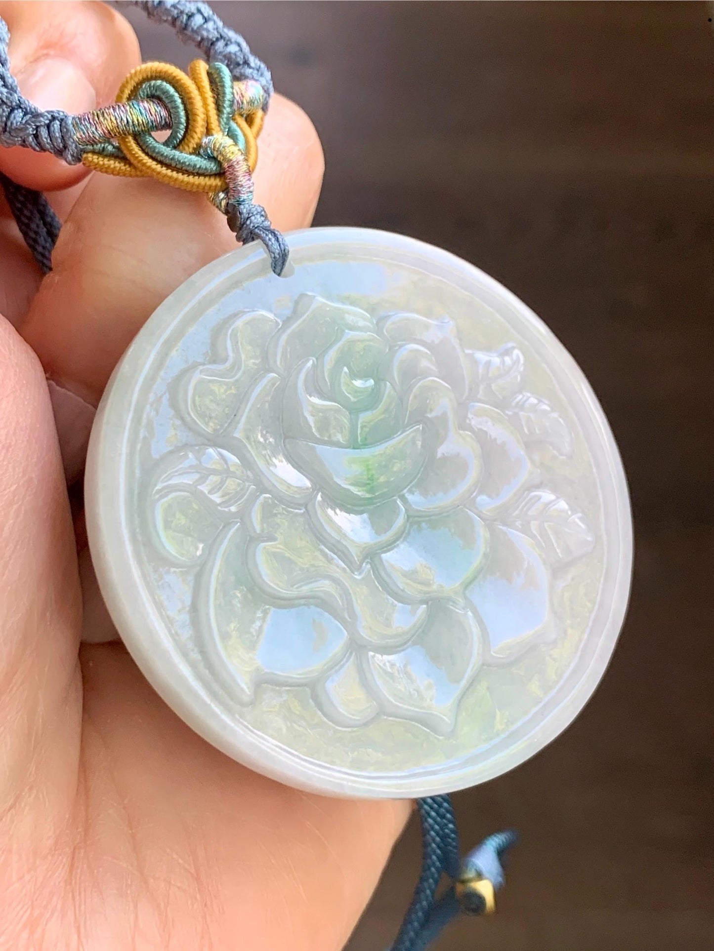 Natural Burmese Grade A Translucent Light Green & Green Marbled Jadeite Rose Flower Pendant Rope Necklace 26” 40g 天然缅甸糯冰晴飘花翡翠玫瑰花吊坠