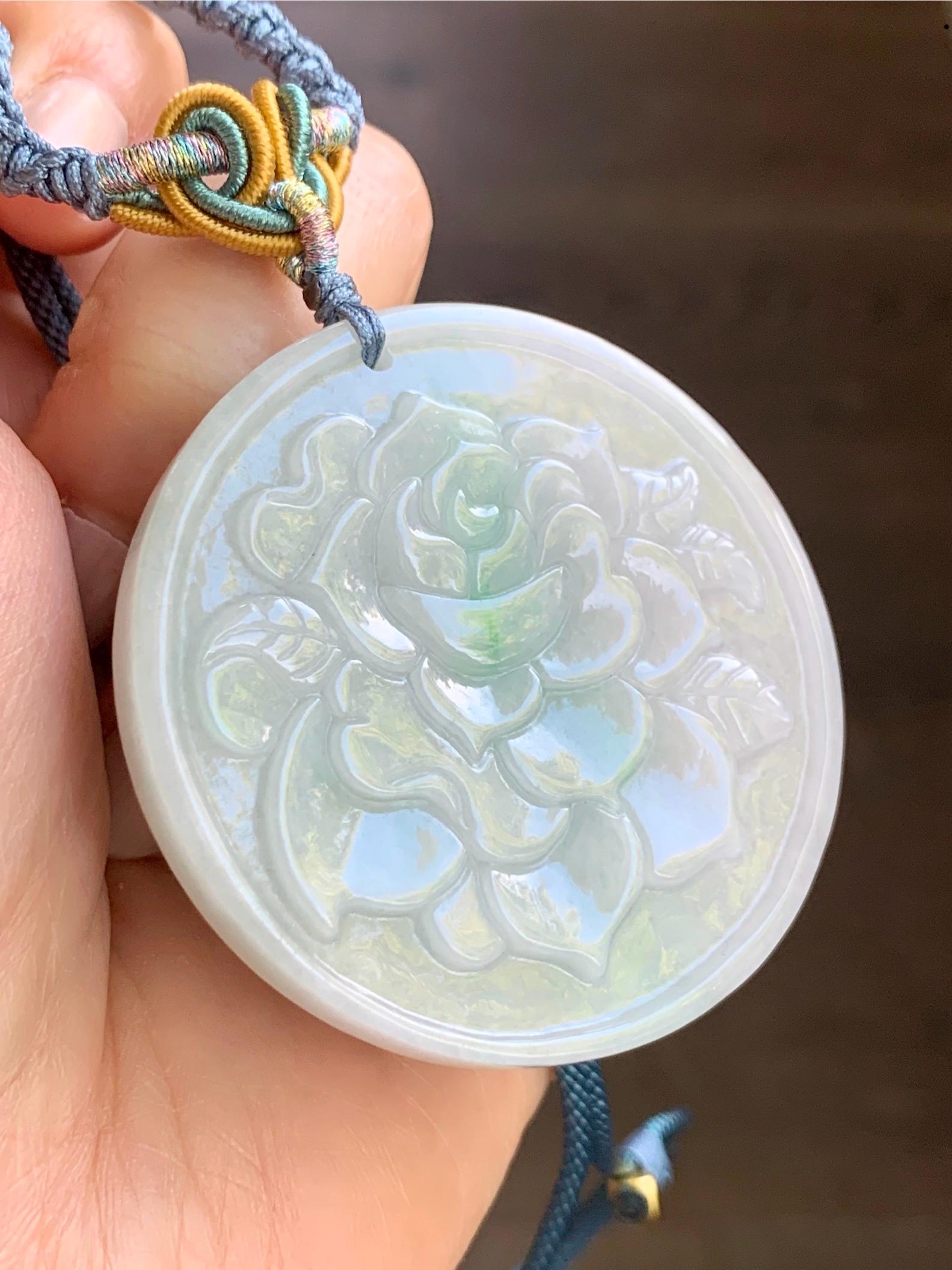 Natural Burmese Grade A Translucent Light Green & Green Marbled Jadeite Rose Flower Pendant Rope Necklace 26” 40g 天然缅甸糯冰晴飘花翡翠玫瑰花吊坠