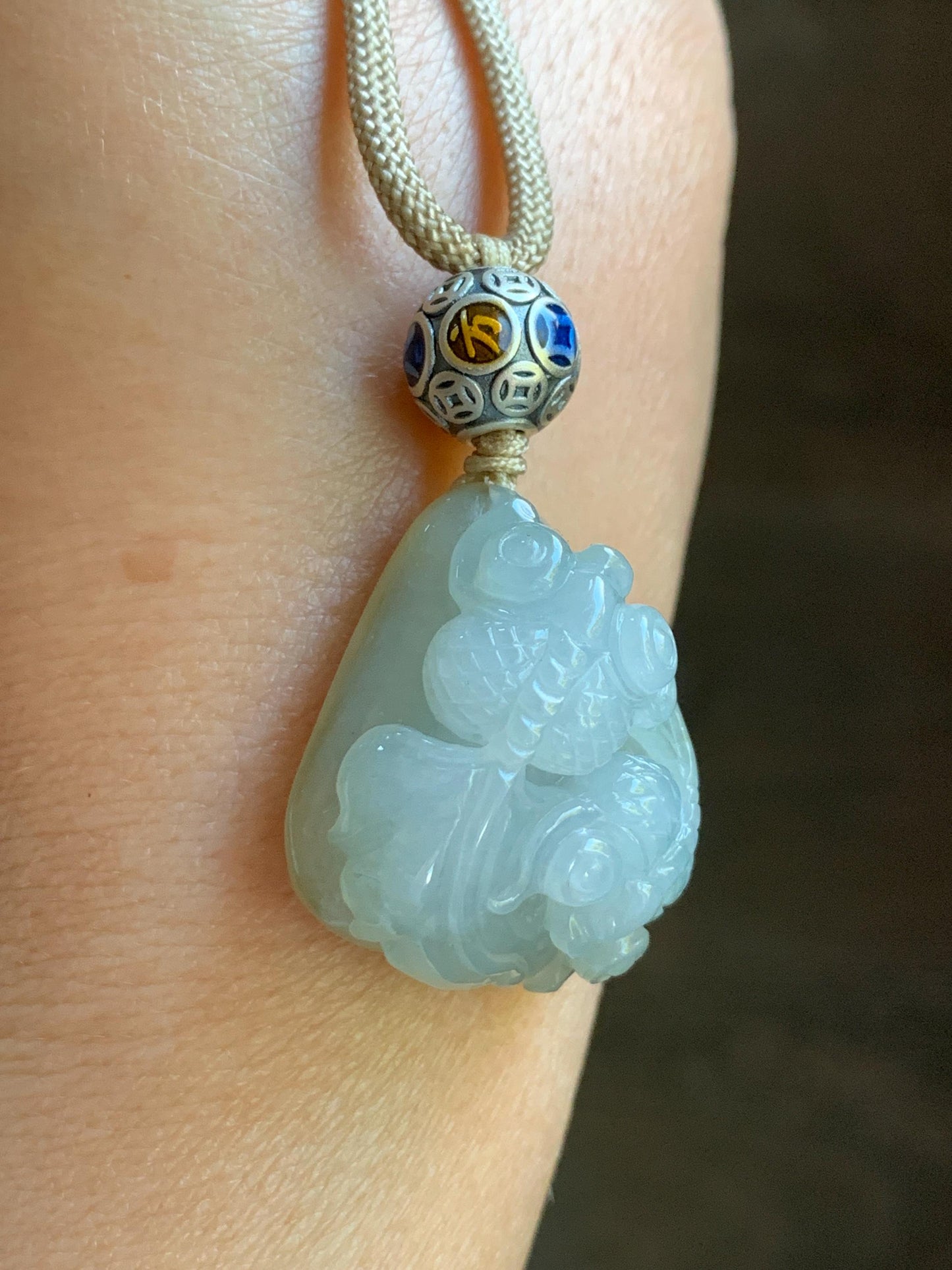 Certified Natural Burmese Icy Translucent Bicolored Jadeite Double Goldfish Pendant Rope Necklace 26” Sterling Silver 天然缅甸冰胶冰糖黄加蓝翡翠双鱼吊坠 6919