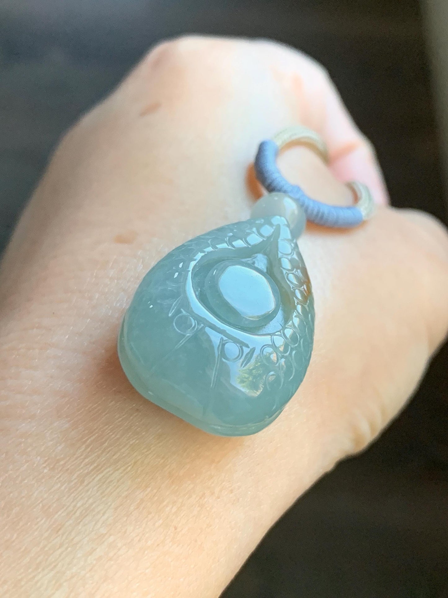 Natural Burmese Grade A Icy Translucent Light Sky Blue Jadeite Teardrop Abalone Pendant Rope Necklace Adjustable 25" 15g 天然缅甸冰胶淡天空蓝翡翠鲍鱼吊坠
