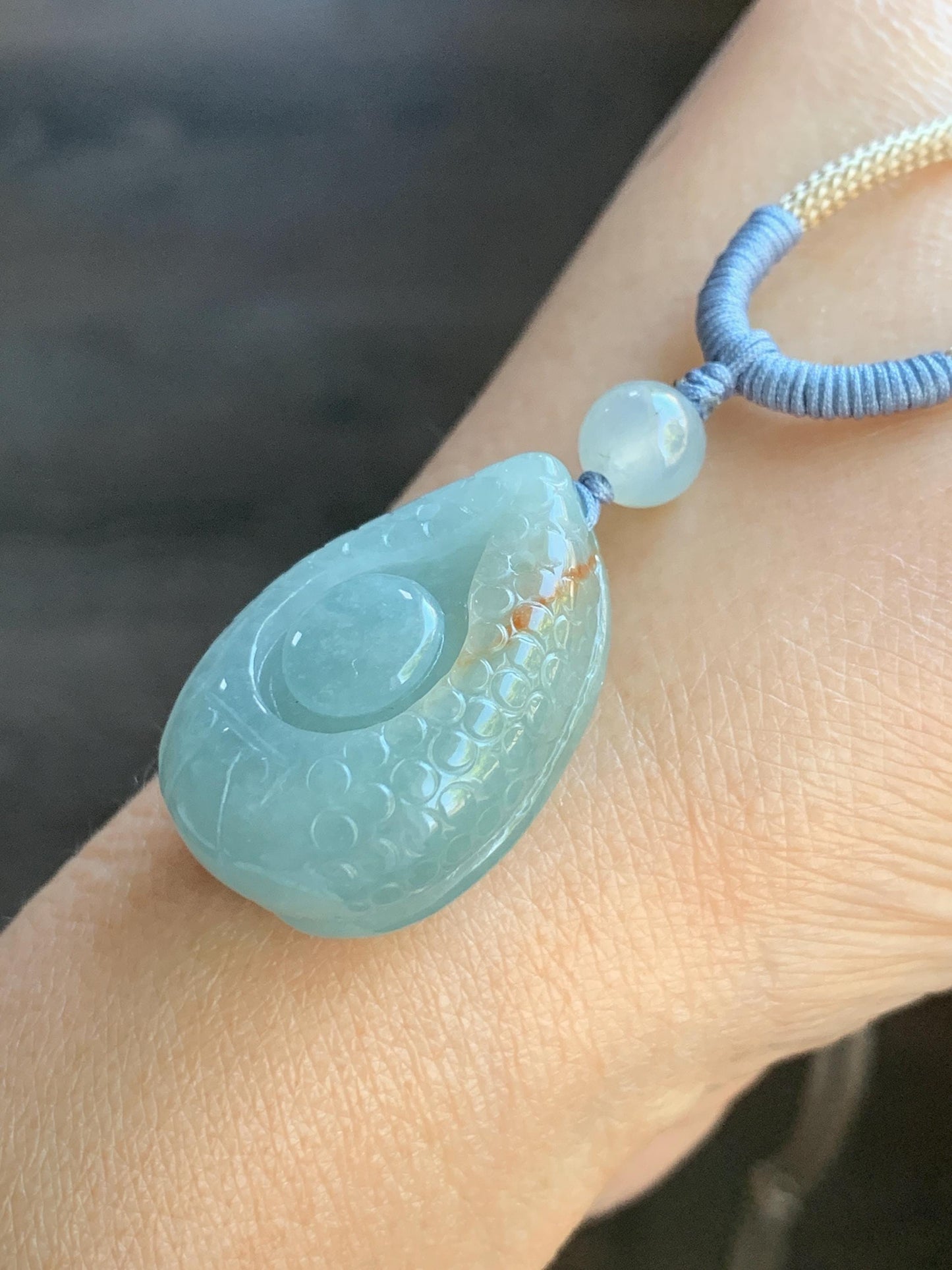 Natural Burmese Grade A Icy Translucent Light Sky Blue Jadeite Teardrop Abalone Pendant Rope Necklace Adjustable 25" 15g 天然缅甸冰胶淡天空蓝翡翠鲍鱼吊坠