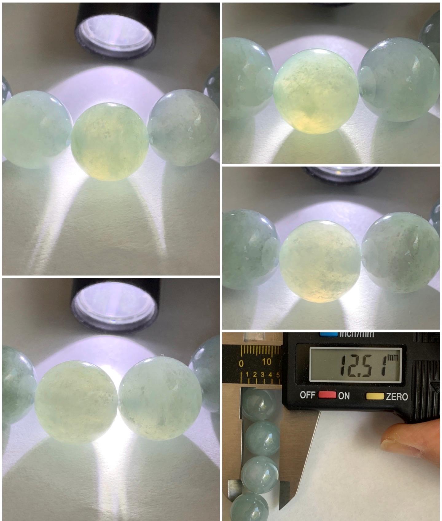 Large Natural Burmese Icy Translucent Gelatinous Dusty Blue Jadeite Beaded Bracelet Stretchy 12.5mm 7” 54g 天然缅甸冰淡蓝翡翠圆珠手串 DML66