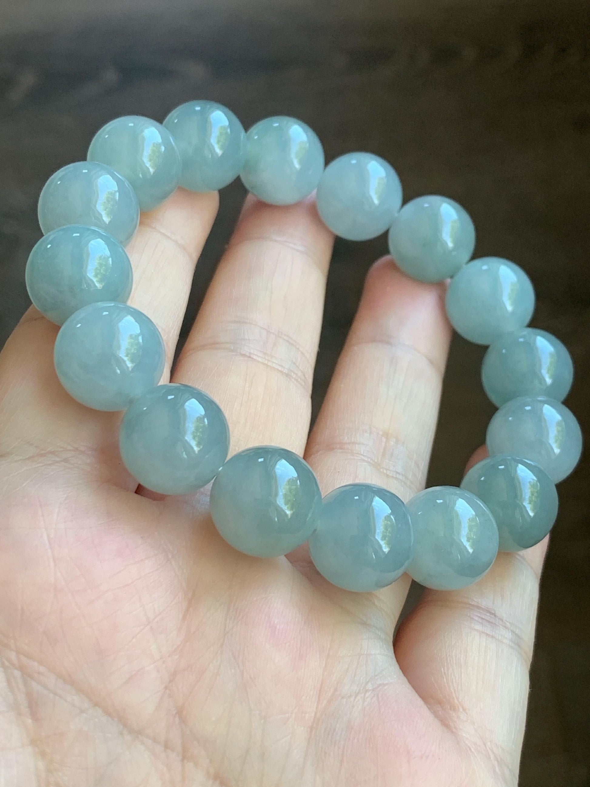 Large Natural Burmese Icy Translucent Gelatinous Dusty Blue Jadeite Beaded Bracelet Stretchy 12.5mm 7” 54g 天然缅甸冰淡蓝翡翠圆珠手串 DML66